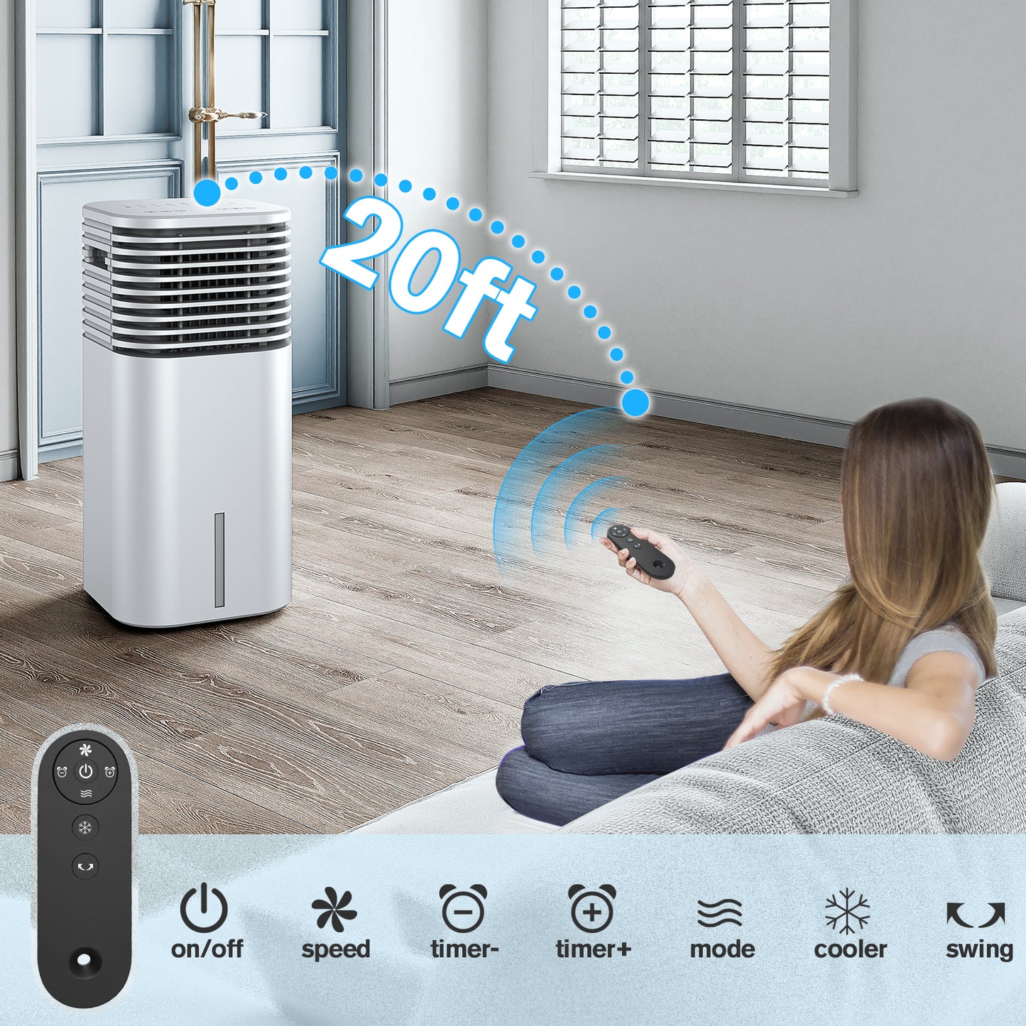 Windowless Portable Air Conditioner, 15H Timer & 120°Oscillation, 3-IN-1 Portable AC Unit with Remote, 2-Gal Tank, 3 Modes & 3 Speeds, Ultra-Quiet 24" Ventless Swamp Cooler for Room Home Office