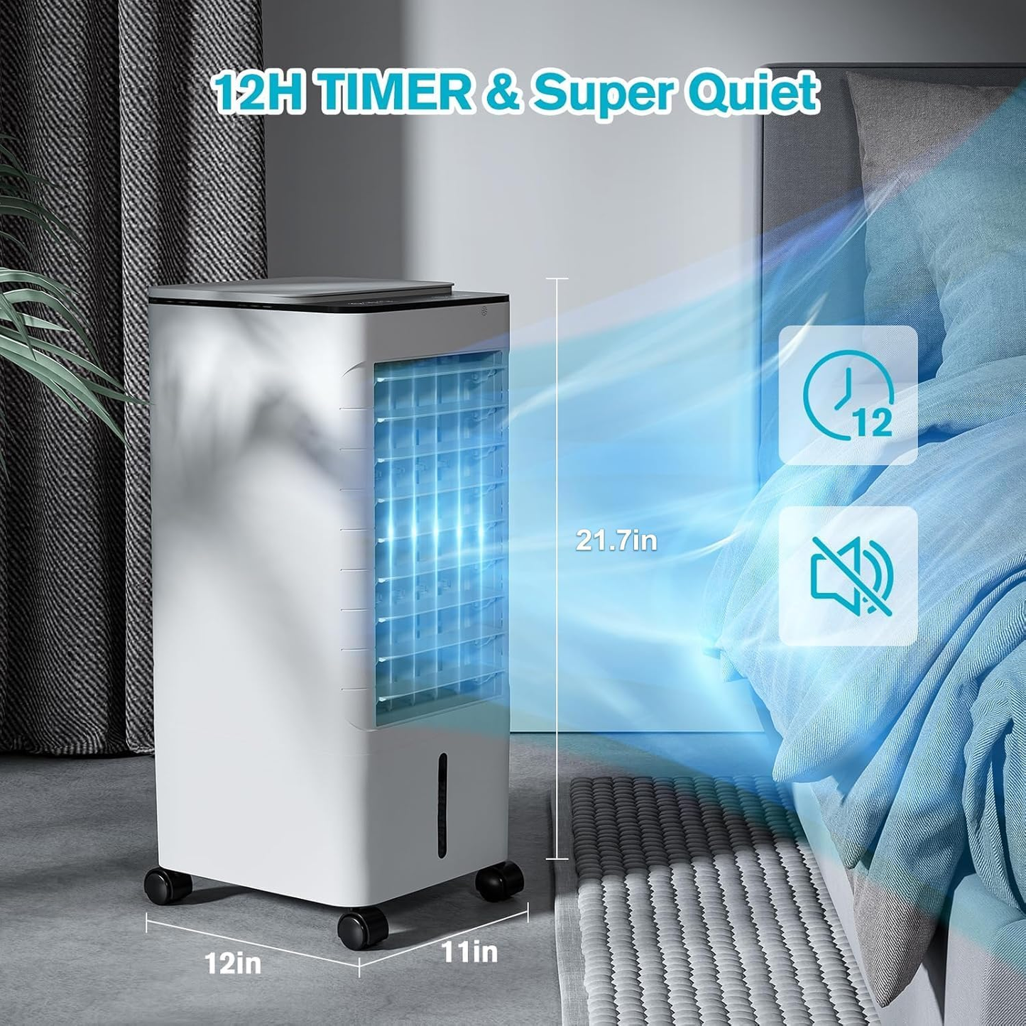 Windowless Portable Air Conditoners, 12H Timer &1.16Gal Tank, 45ยฐ Oscillation, 3-IN-1 Portable AC with Remote, 3 Modes 3 Speeds, Fast Cooling Quiet Ventless Swamp Cooler for Home, 3 Ice Packs, White