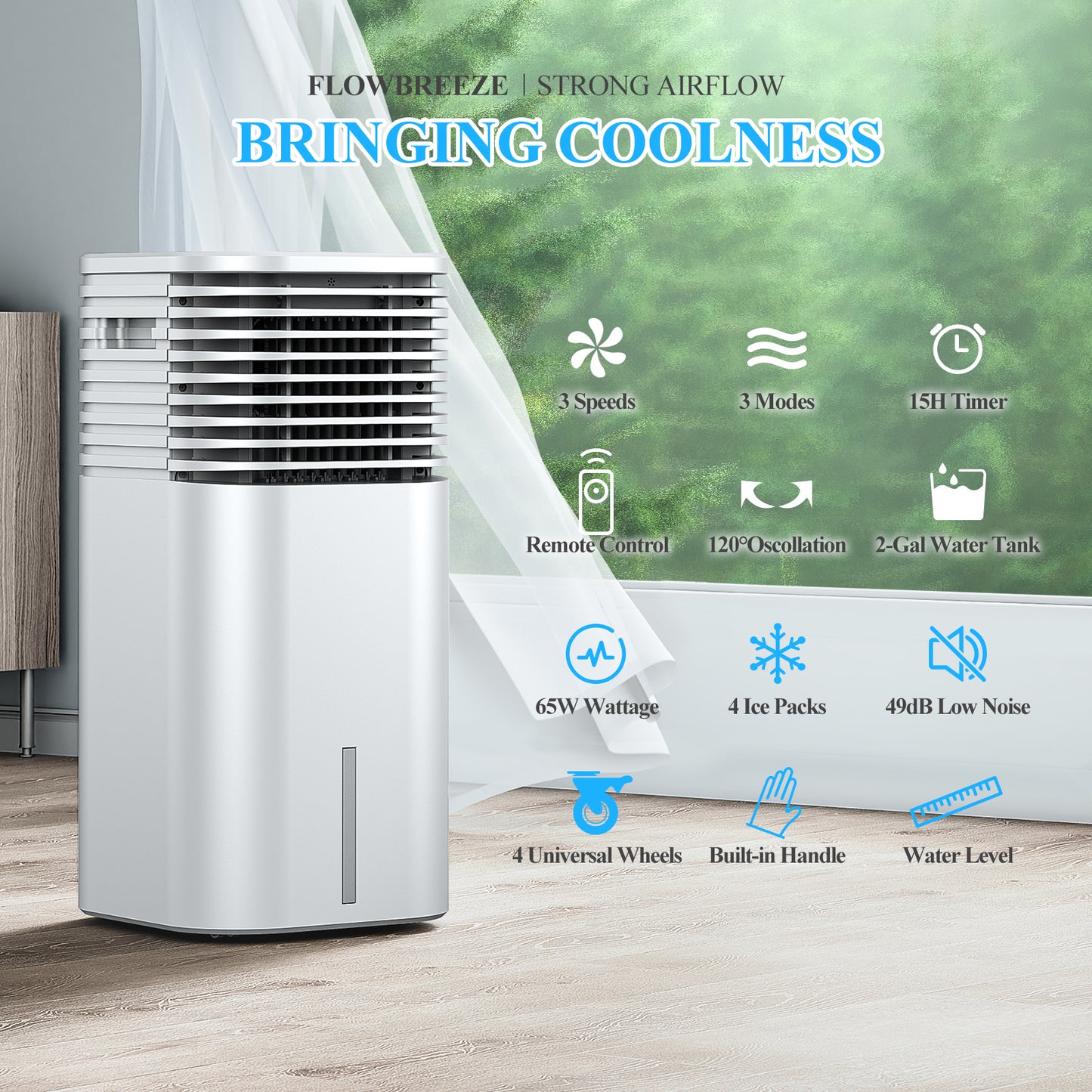 Windowless Portable Air Conditioner, 15H Timer & 120°Oscillation, 3-IN-1 Portable AC Unit with Remote, 2-Gal Tank, 3 Modes & 3 Speeds, Ultra-Quiet 24" Ventless Swamp Cooler for Room Home Office