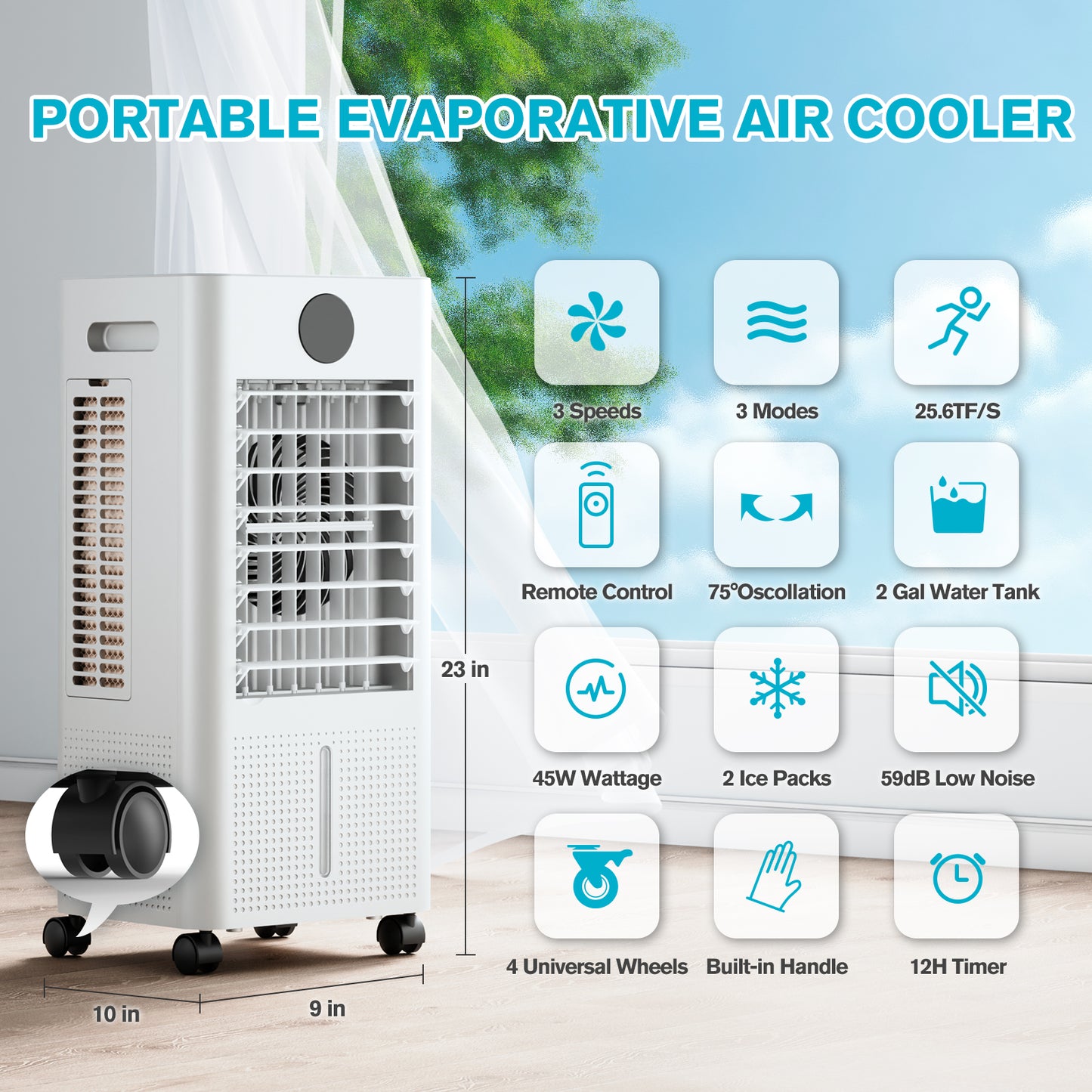Windowless Portable Air Conditioner, 12H Timer & 2-Gal Tank, 3-IN-1 Portable AC Unit with Remote, 75°Oscillation, 3 Modes & 3 Speeds, Ultra-Quiet 24" Ventless Swamp Cooler for Room Home Office