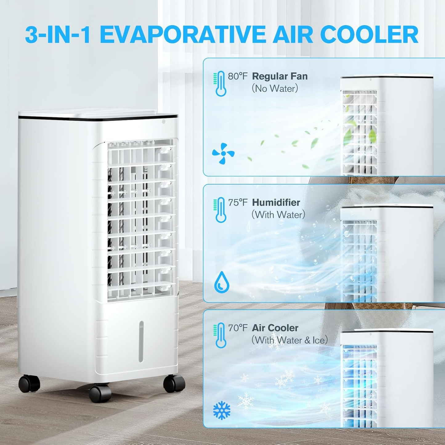 Windowless Portable Air Conditoners, 3-IN-1 Portable AC with Remote, 12H Timer &1.16Gal Tank, 45ยฐ Oscillation, 3 Modes 3 Speeds, Fast Cooling Quiet Ventless Swamp Cooler for Room Home Office, Pearl