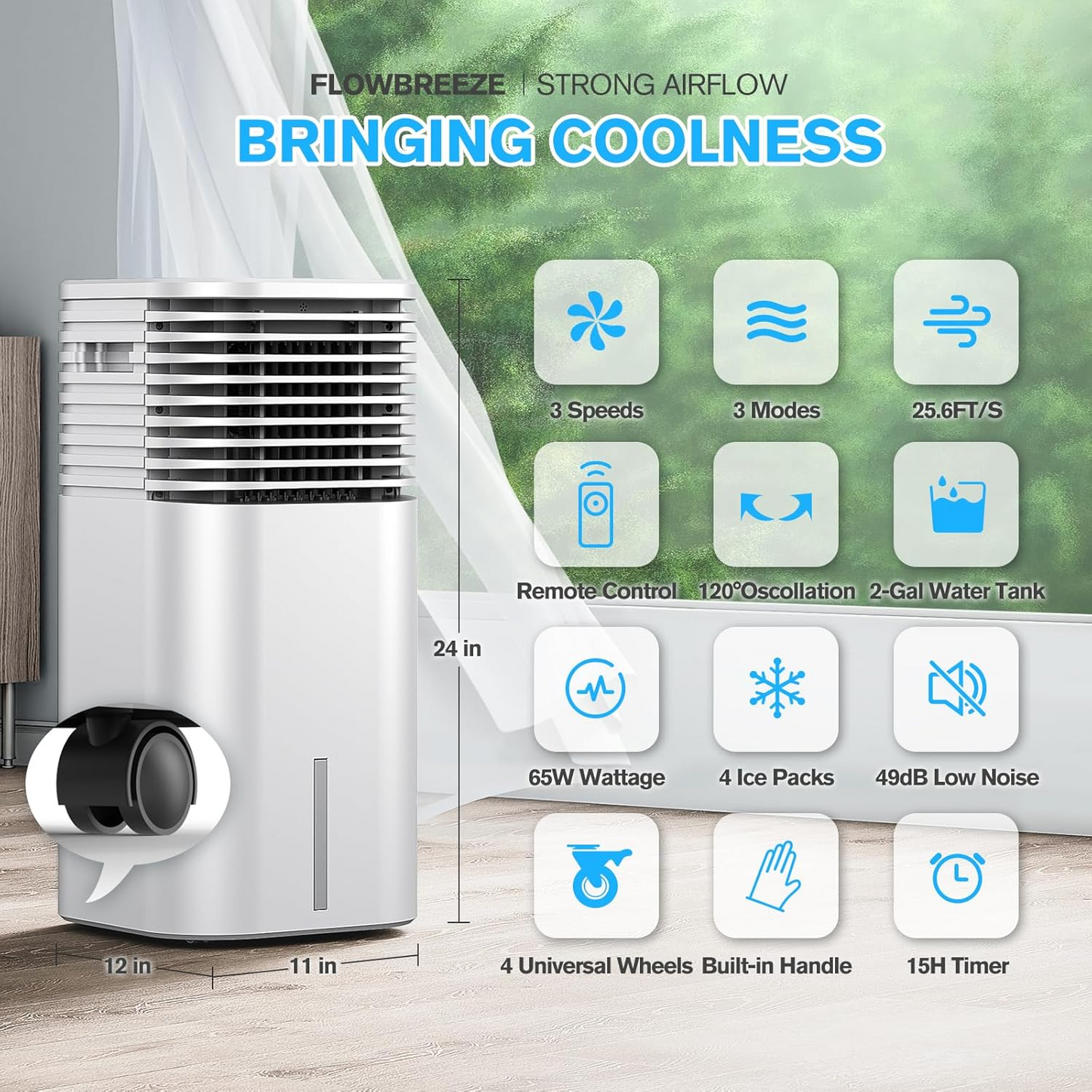 24" Windowless Portable Air Conditioner, 15H Timer & 120ยฐOscillation, 3-IN-1 Portable AC Unit with Remote, 2-Gal Tank, 3 Modes & 3 Speeds, Ultra-Quiet Ventless Swamp Cooler for Home Office, Milk