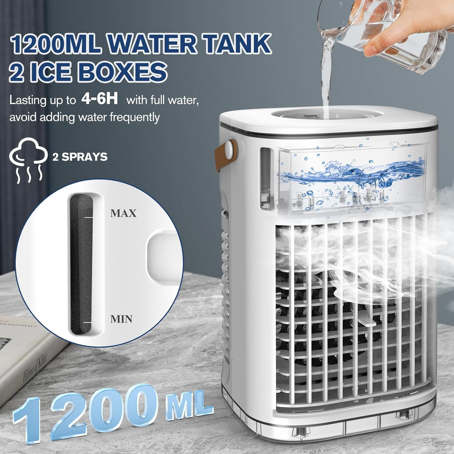 Mini Air Conditioner, Portable Air Conditioners w/Remote, USB Charging, 1.2L Water Tank & 2 Ice Boxes, Auto-off Timer, Evaporative Air Cooler With 3Speeds, Desktop Personal Fan For HomeOutdoors