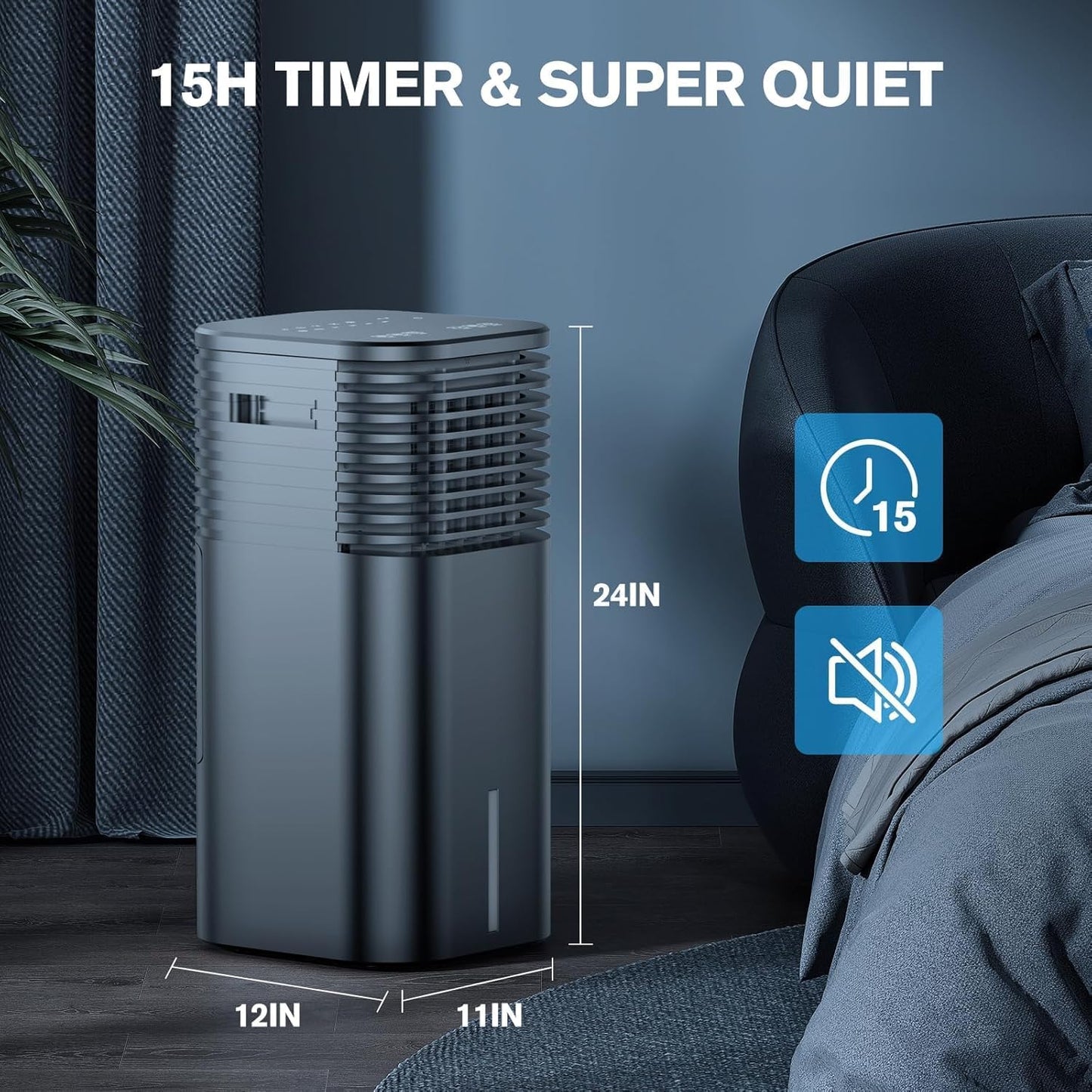 24" Windowless Portable Air Conditioner, 15H Timer & 120ยฐOscillation, 3-IN-1 Cooling Fan AC Unit with Remote, 2-Gal Tank, 3 Modes & 3 Speeds, Ultra-Quiet Ventless Swamp Cooler for Home Office, Black