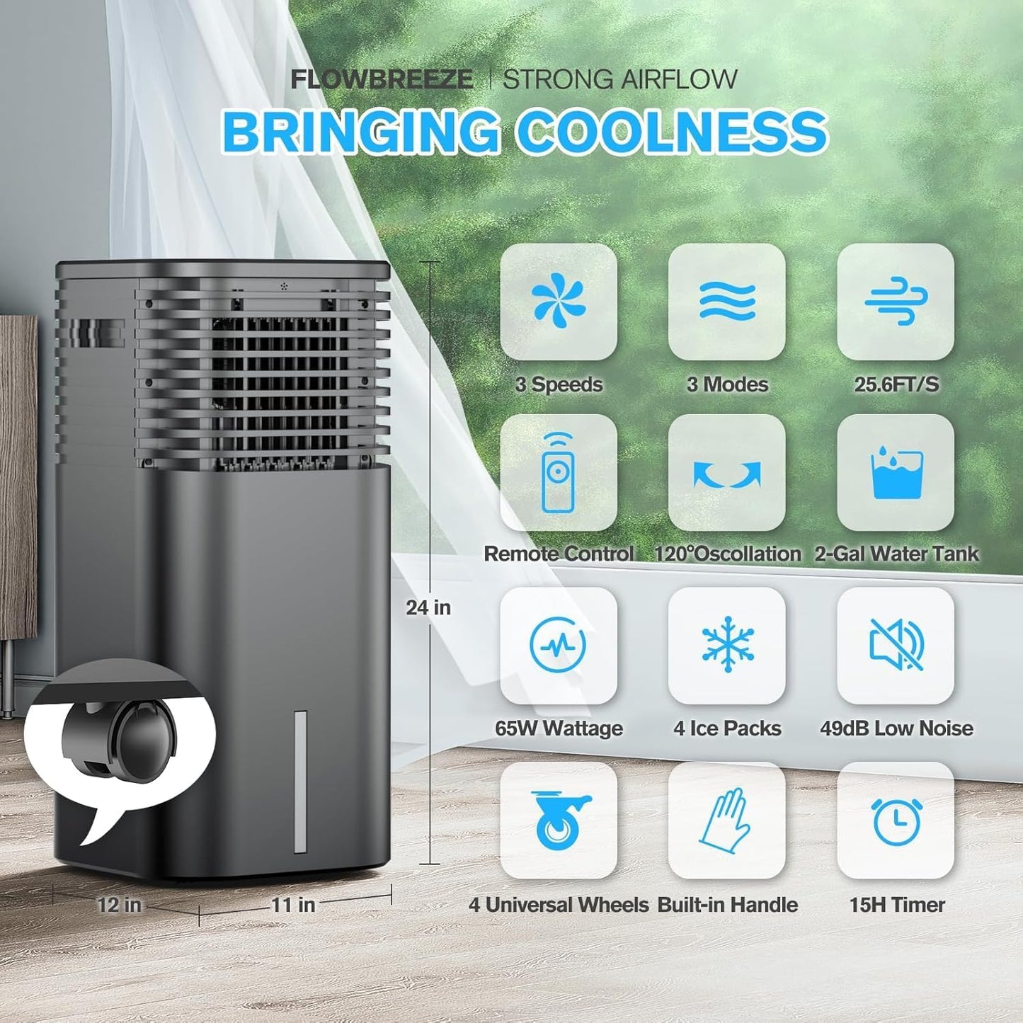24" Windowless Portable Air Conditioner, 15H Timer & 120ยฐOscillation, 3-IN-1 Cooling Fan AC Unit with Remote, 2-Gal Tank, 3 Modes & 3 Speeds, Ultra-Quiet Ventless Swamp Cooler for Home Office, Black