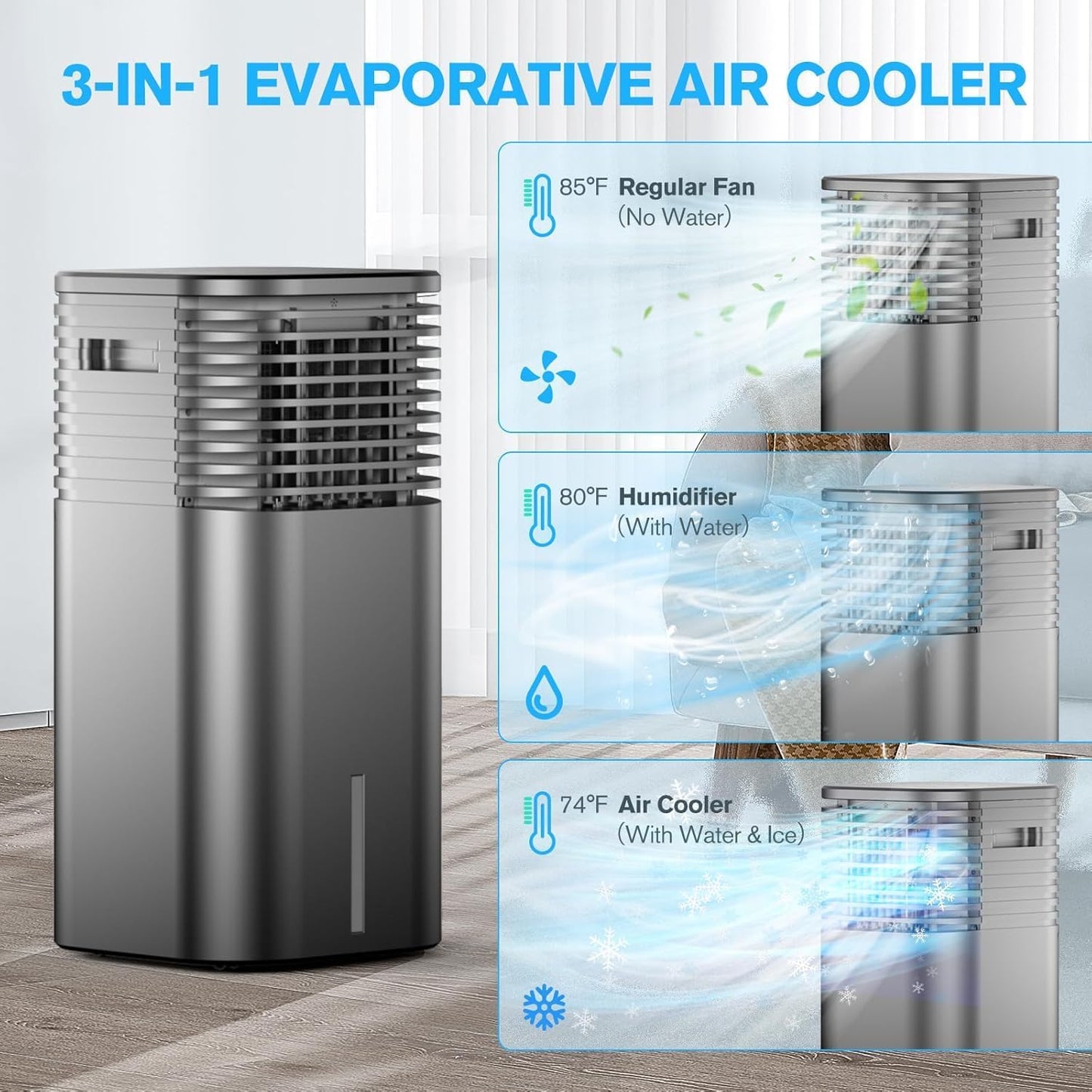 24" Windowless Portable Air Conditioner, 15H Timer & 120ยฐOscillation, 3-IN-1 Cooling Fan AC Unit with Remote, 2-Gal Tank, 3 Modes & 3 Speeds, Ultra-Quiet Ventless Swamp Cooler for Home Office, Black