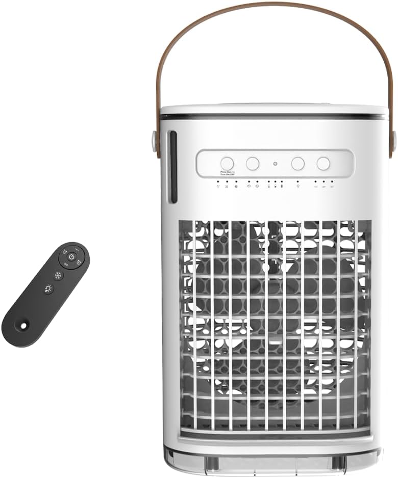 3-IN-1 Portable Air Conditioners, Personal Evaporative Air Cooler Fan, 2 Ice Packs, 1-7h Timer & Remote, Mini Air Conditioner for Room Desktop Outdoors,Grey-white