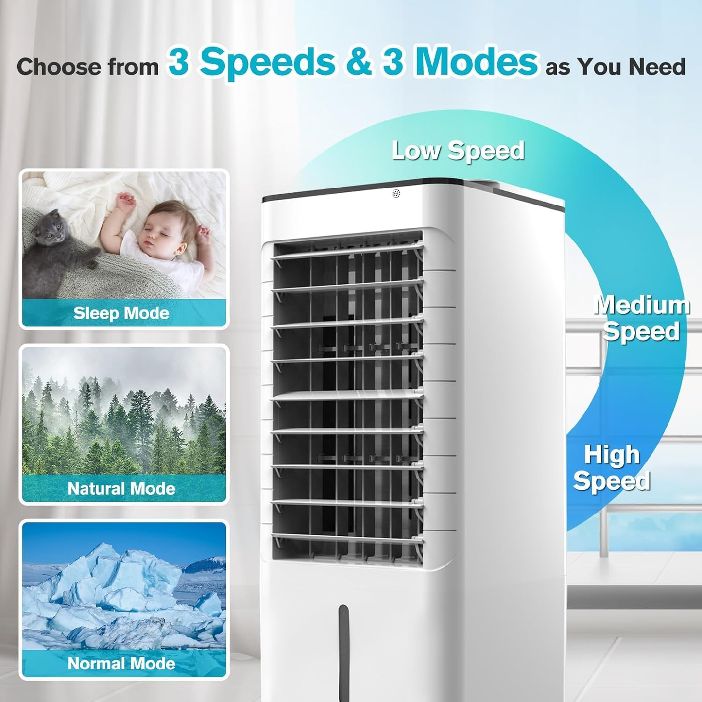 Windowless Portable Air Conditoners, 12H Timer &1.16Gal Tank, 45ยฐ Oscillation, 3-IN-1 Portable AC with Remote, 3 Modes 3 Speeds, Fast Cooling Quiet Ventless Swamp Cooler for Home, 3 Ice Packs, White
