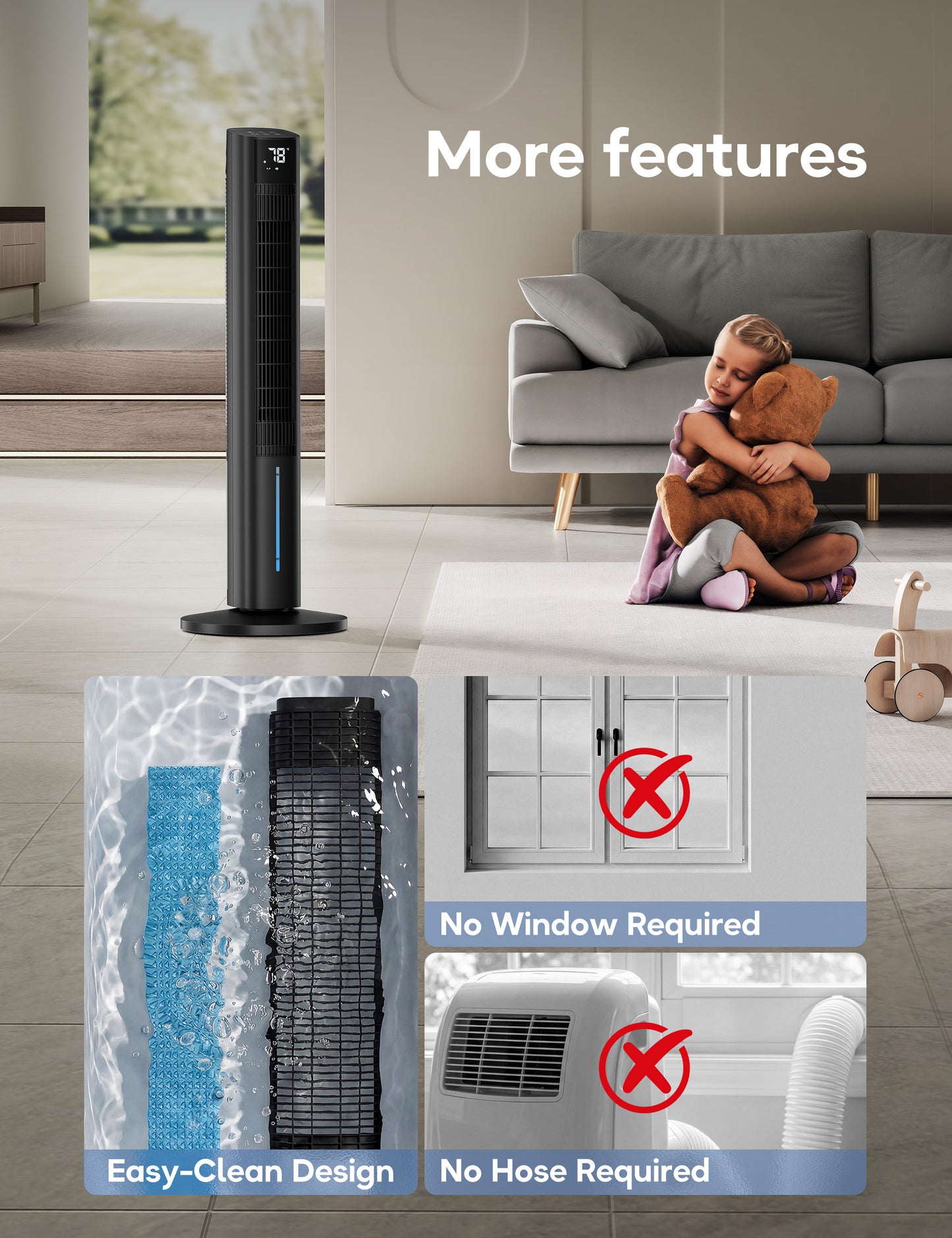 Windowless Portable Air Conditioners, 45" Evaporative Cooler for Room No window, 12H Timer & 60° Swing, 1.06Gal Water Tank & 4 Ice Packs, Quiet Portable ac Unit with Remote for Bedroom Black Grey