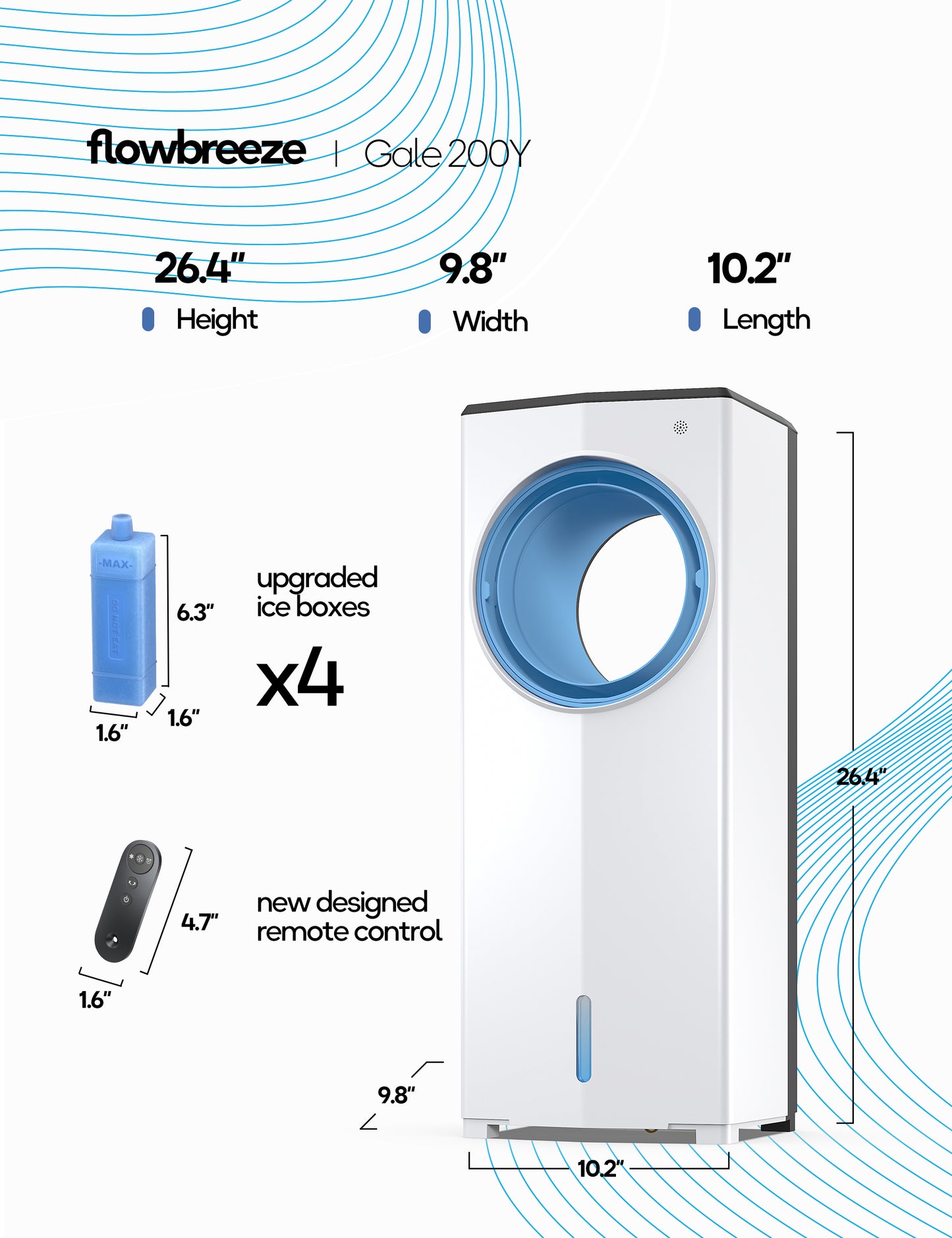 Windowless Portable Air Conditioner, 26.4" Small Evaporative Air Cooler for Room No Window, 3-Speed Settings, 4 Modes, 7H Timer, Remote Control, 4 Ice Packs, Quiet AC Unit for Bedroom, Jet