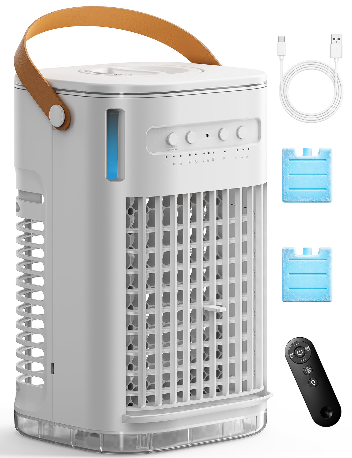 USB Powered Portable Air Conditioner for Car, 1.2L Water Tank & 2 Ice Packs Mini Air Conditioner for Camping, Personal Air Cooling Fan with remote, 7H Timer, for Tent Desktop, snow white no battery
