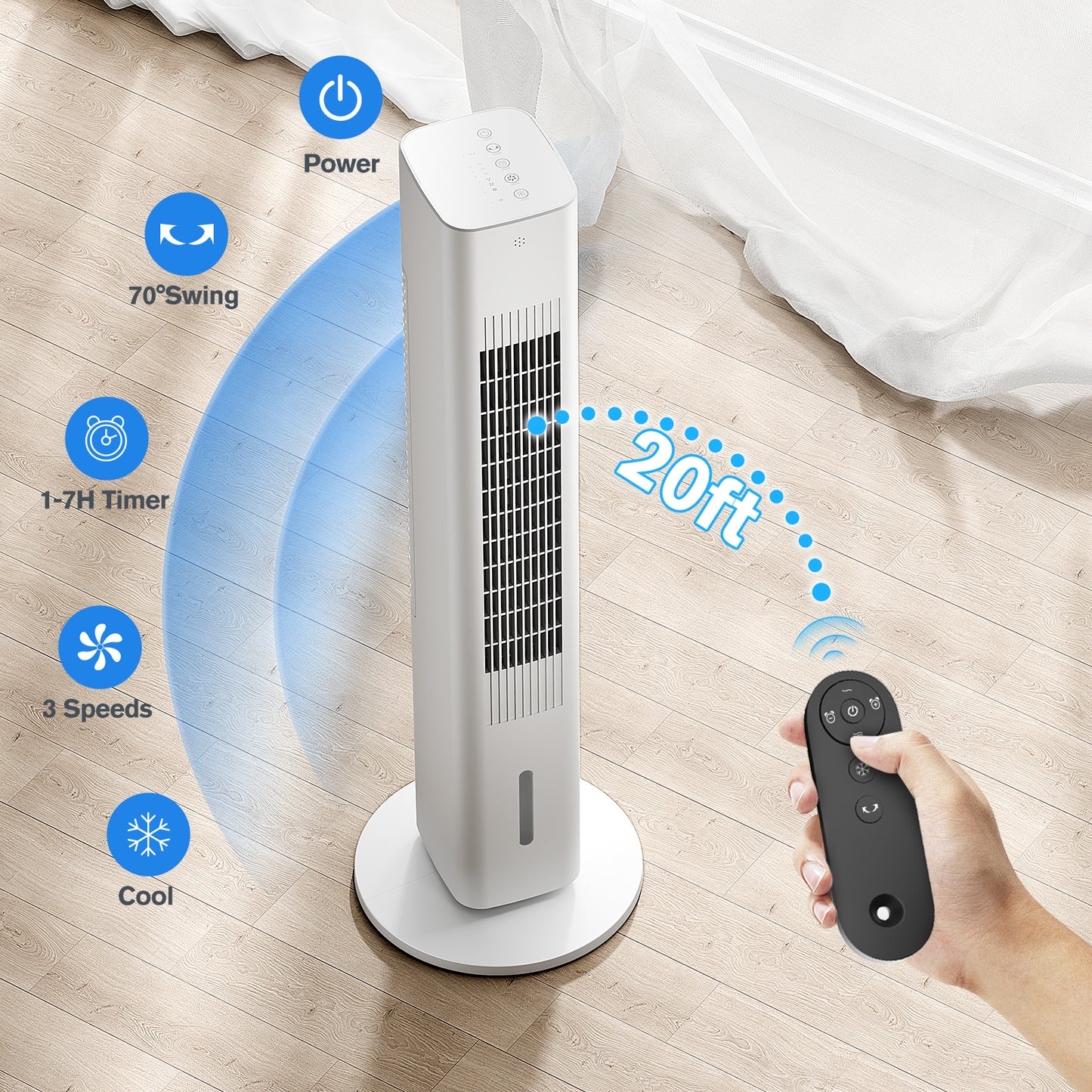 Windowless Portable Air Conditioners, 35’’ Cooling Tower Fan w/Remote, 7H Smart Timer & 70° Swing, 1.2L Water Tank With 3 Ice Packs, Ductless Air Cooler For Home Bedroom Office