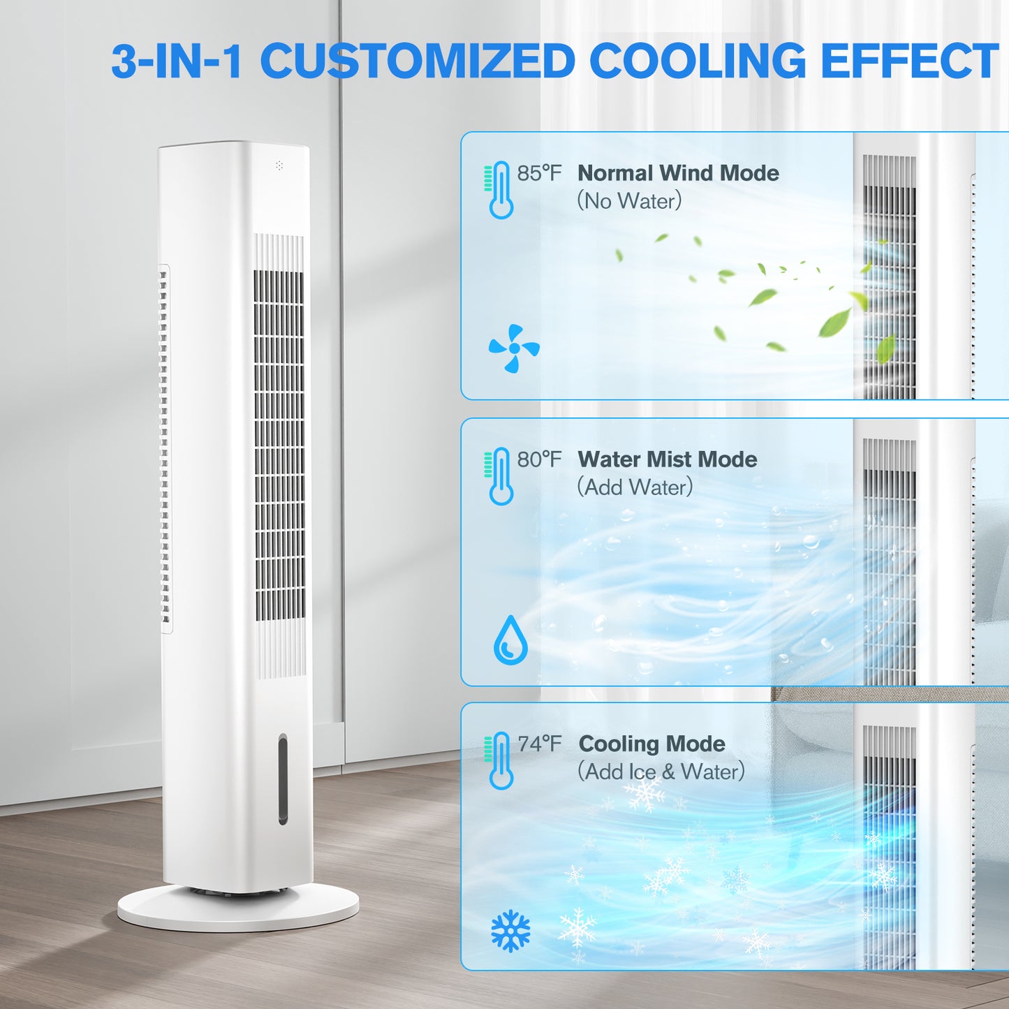 Windowless Portable Air Conditioners, 35’’ Cooling Tower Fan w/Remote, 7H Smart Timer & 70° Swing, 1.2L Water Tank With 3 Ice Packs, Ductless Air Cooler For Home Bedroom Office