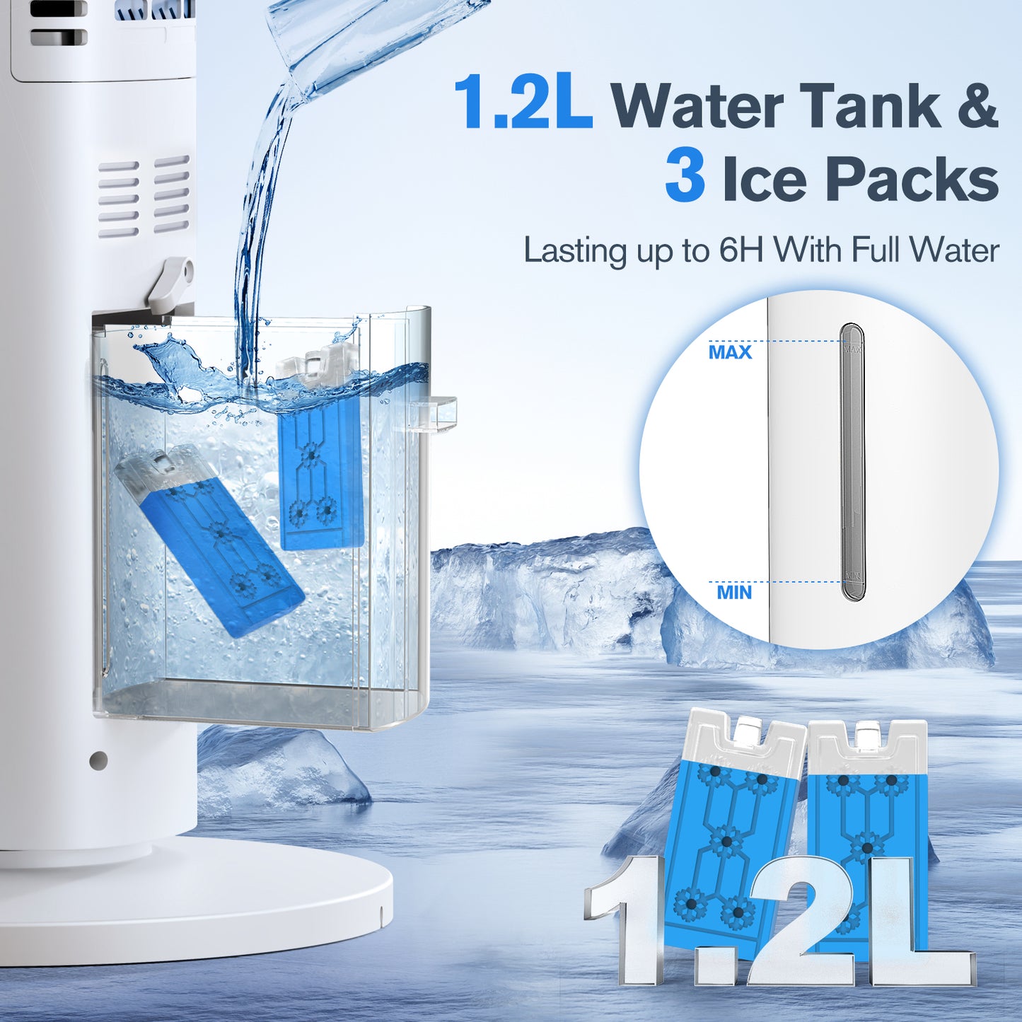 Windowless Portable Air Conditioners, 35’’ Cooling Tower Fan w/Remote, 7H Smart Timer & 70° Swing, 1.2L Water Tank With 3 Ice Packs, Ductless Air Cooler For Home Bedroom Office