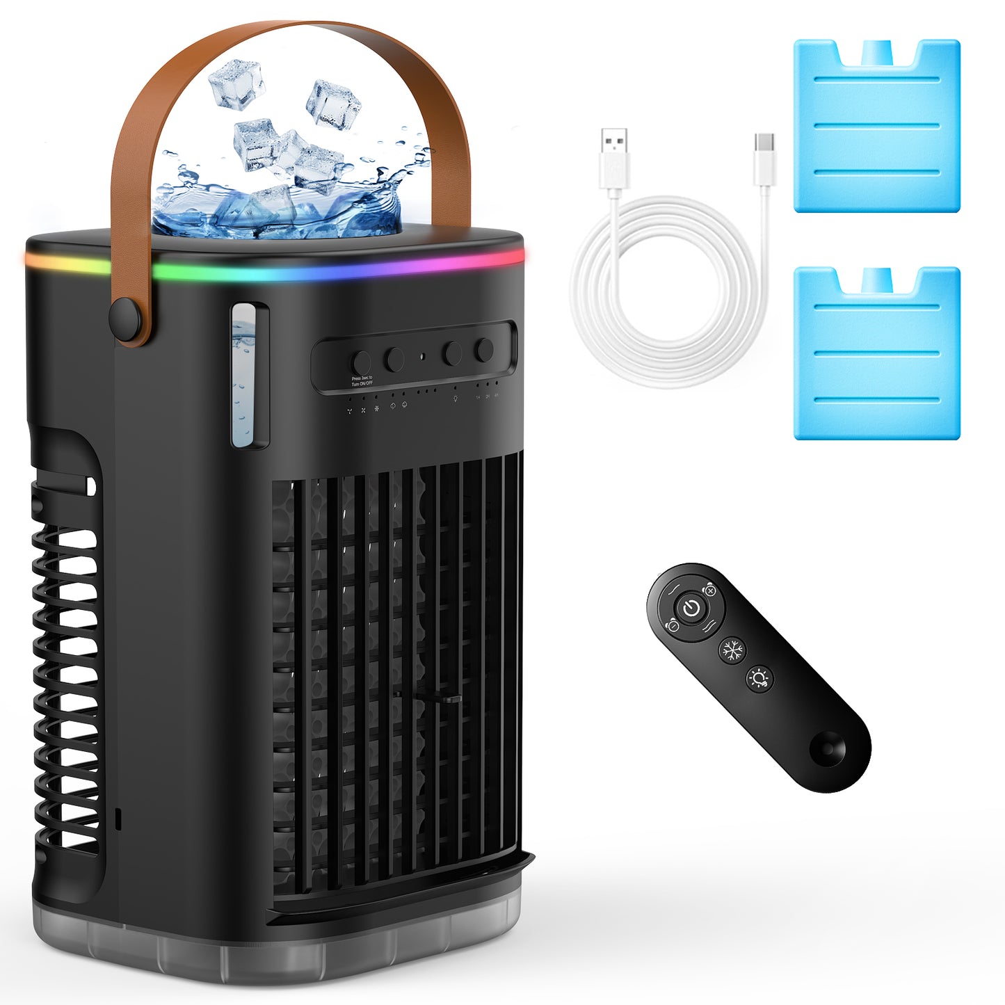 Upgraded 5 IN 1 Small Portable Air Conditioner with 2 Ice Packs, 2 Spray Ports, 1200ml Water Tank, 120ยฐOscillating, 3 Speeds, Quiet Portable AC Units, 7H Timer, Cooling Fan, Large