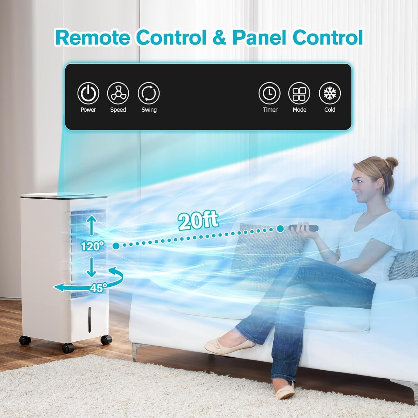 Windowless Portable Air Conditoners, 12H Timer &1.16Gal Tank, 45ยฐ Oscillation, 3-IN-1 Portable AC with Remote, 3 Modes 3 Speeds, Fast Cooling Quiet Ventless Swamp Cooler for Home, 3 Ice Packs, White