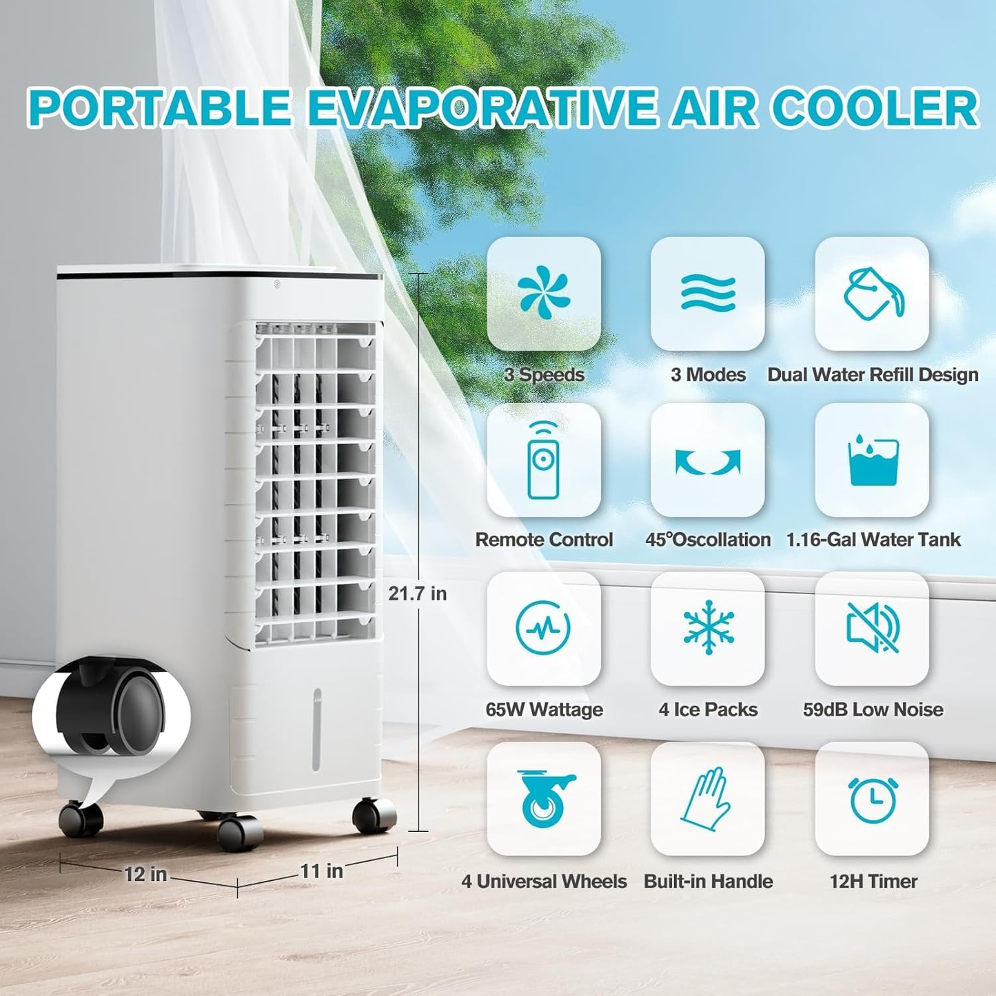 Windowless Portable Air Conditoners, 12H Timer &1.16Gal Tank, 45ยฐ Oscillation, 3-IN-1 Portable AC with Remote, 3 Modes 3 Speeds, Fast Cooling Quiet Ventless Swamp Cooler for Home, 3 Ice Packs, White
