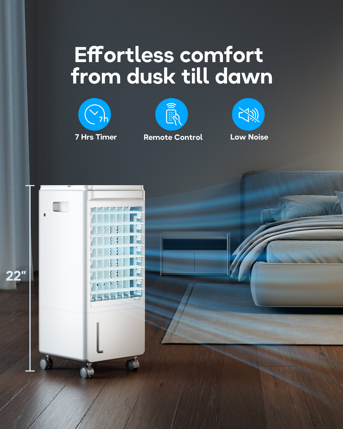 Windowless Portable Air Conditioner, 7H Timer & 1-Gal Tank, 3-IN-1 Portable AC Unit with Remote, 40°Oscillation, 3 Modes & 3 Speeds, Ultra-Quiet 22" Ventless Swamp Cooler for Room Home Office