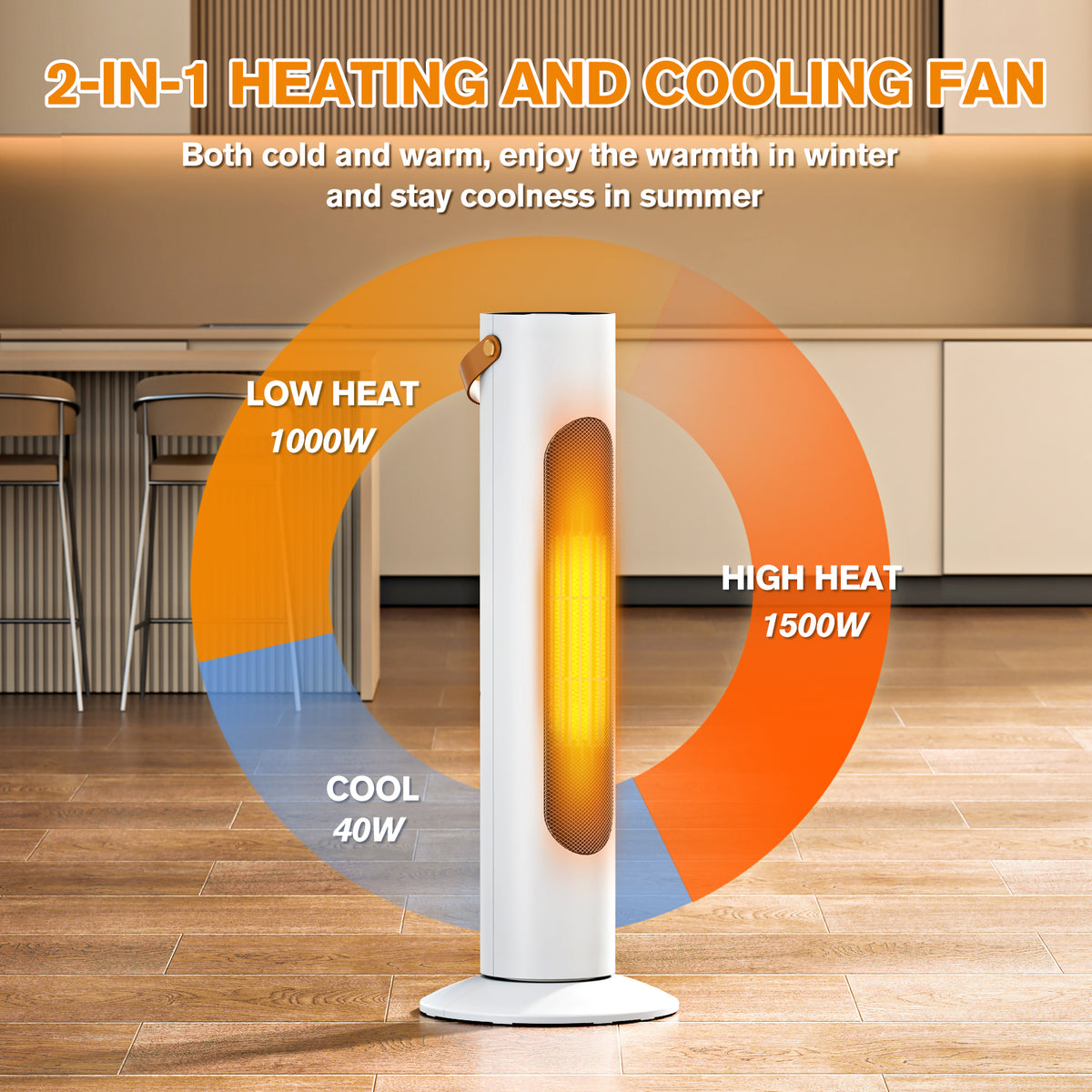 Space Heaters for Indoor Use, 25" 2-IN-1 Tower Heater and Fan Combo, 2S Instant Heating, 70°Oscillation, 1500W, 3 Heating & Fan Modes,Electric Portable Heater for Office, Home, White