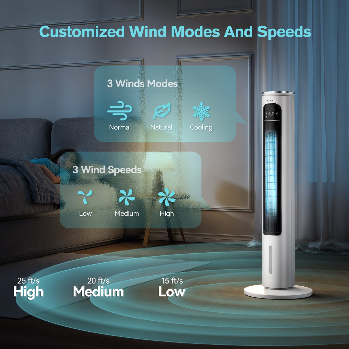 Windowless Portable Air Conditioners, 37.1’’ Evaporative Air Cooler, Cooling Tower Fan w/Remote, 2.5L Water Tank & Ice Packs, 12H Smart Timer, 70° Oscillating, Ultra-Quiet Standing Fan For HomeOffice
