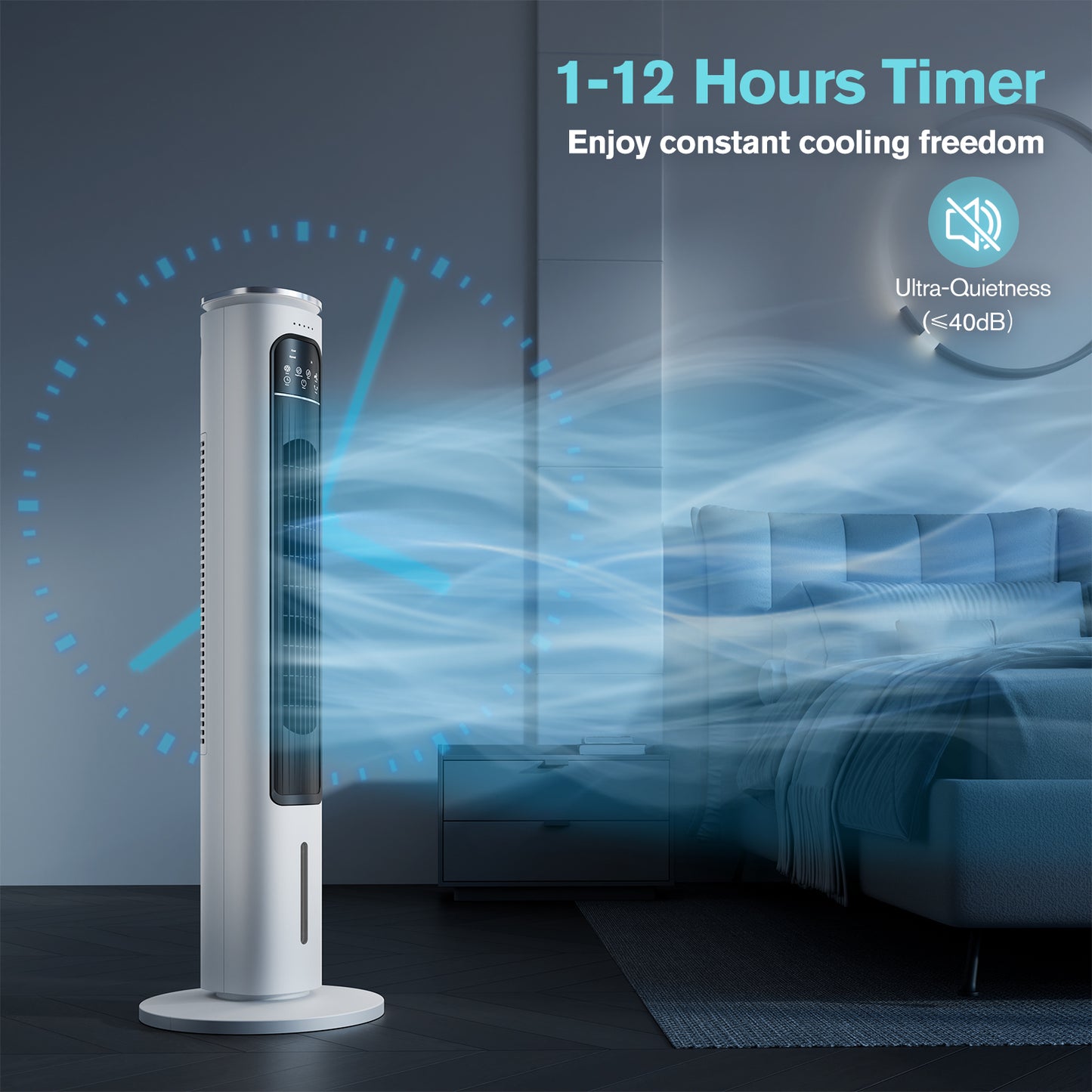 Windowless Portable Air Conditioners, 37.1’’ Evaporative Air Cooler, Cooling Tower Fan w/Remote, 2.5L Water Tank & Ice Packs, 12H Smart Timer, 70° Oscillating, Ultra-Quiet Standing Fan For HomeOffice