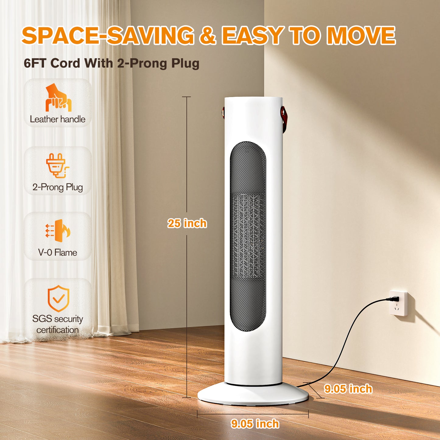 25" Electric Space Heaters For Indoor Use, 2-IN-1 Tower Heater And Fan Combo, 70°Oscillating, 2S Instant Heating, 1500W, 3 Heating & Fan Modes,Electric Portable Heater For BedroomOfficeHome, SnowWhite