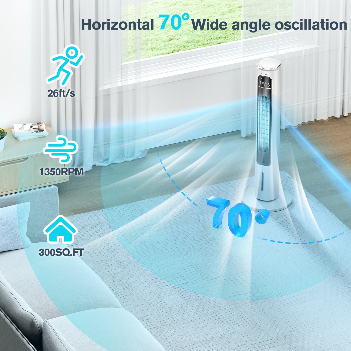 Windowless Portable Air Conditioners, 37.1’’ Evaporative Air Cooler, Cooling Tower Fan w/Remote, 2.5L Water Tank & Ice Packs, 12H Smart Timer, 70° Oscillating, Ultra-Quiet Standing Fan For HomeOffice