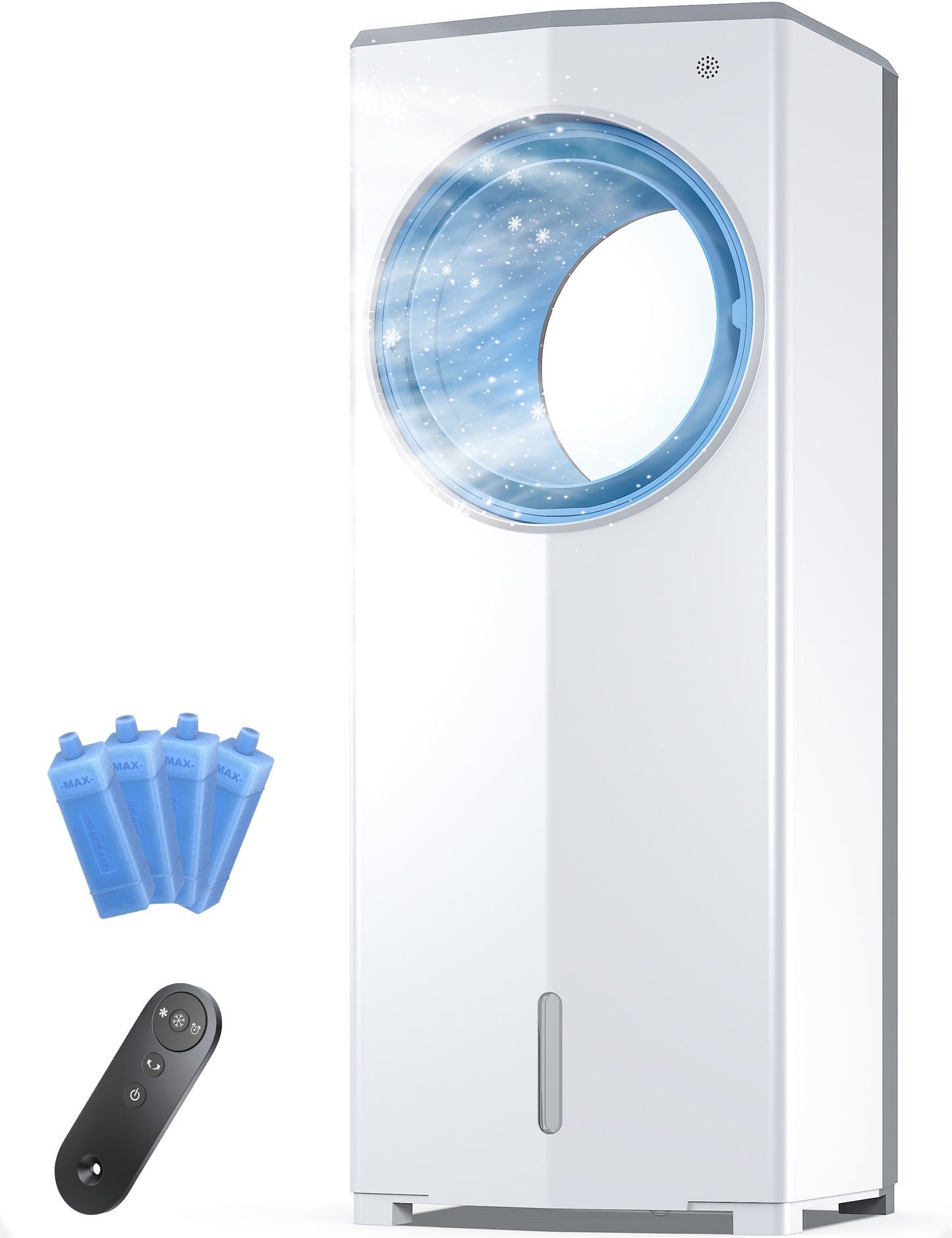 FLOWBREEZE Windowless Portable Air Conditioner, 26.1" Small Evaporative Air Cooler for Room No Window, 3-Speed Settings, 4 Modes, 7H Timer, Remote Control, 4 Ice Packs, Quiet AC Unit for Bedroom, White