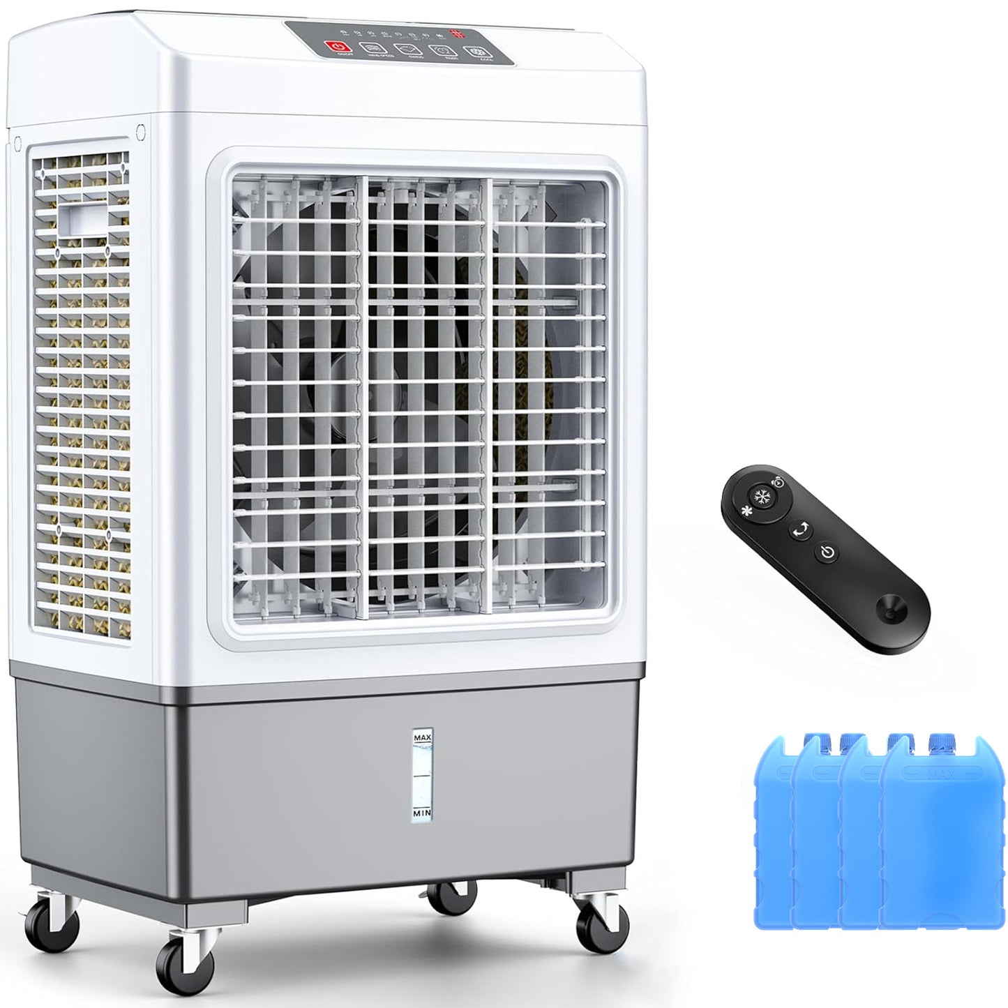 Windowless Portable Air Conditioner, Large Swamp Cooler with 8.1 Gal Water Tank, 3 in 1 Evaporative Cooler, Hoseless Ventless Fan Ac Unit, Remote, 7H Timer, 4 Ice Box for Garage, Home, Outdoor, Grey