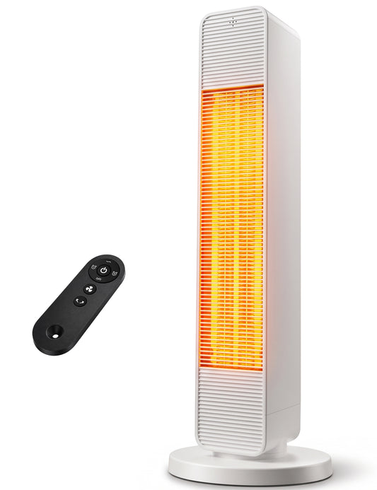 FLOWBREEZE 27” Space Heaters for Indoor Use, 1500W, Heater and Fan Combo Electric Heaters For Large Room, Portable Tower Heater With 75° Oscillation, Remote, 15H Timer, 6 Safety Protections, White