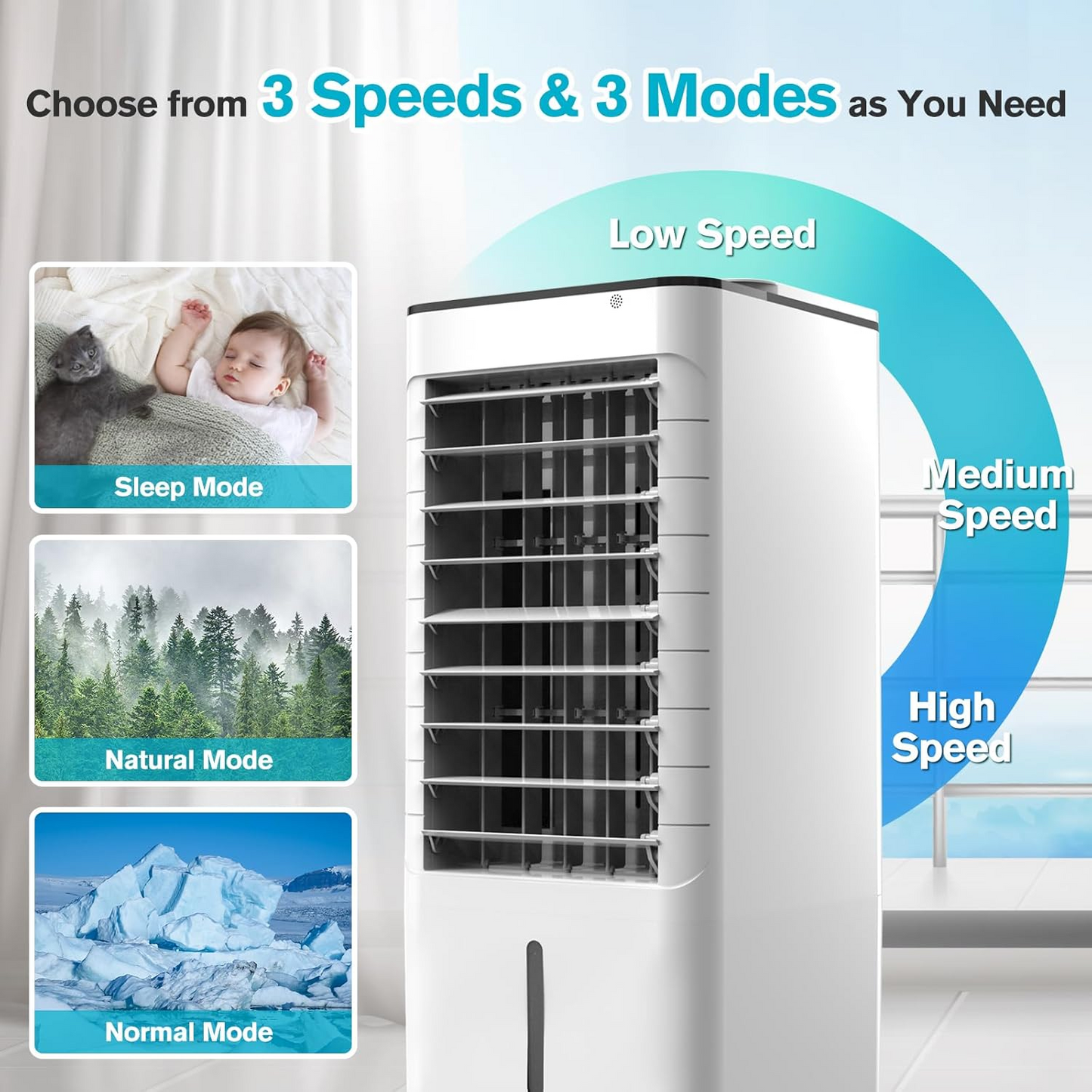 Windowless Portable Air Conditoners, 3-IN-1 Portable AC with Remote, 12H Timer &1.16Gal Tank, 45° Oscillation, 3 Modes 3 Speeds, Fast Cooling Quiet Ventless Swamp Cooler for Room Home Office, Pearl
