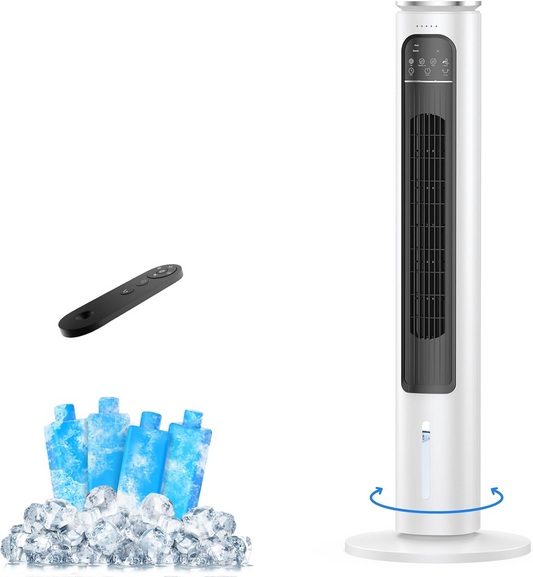 Windowless Portable Air Conditioners, 37.3’’ Evaporative Air Cooler w/Remote, 2.5L Removable Water Tank & 4 Ice Boxes, 12H Auto-off, 70° Oscillating, Quiet Cooling Tower Fan For Bedroom Home Office