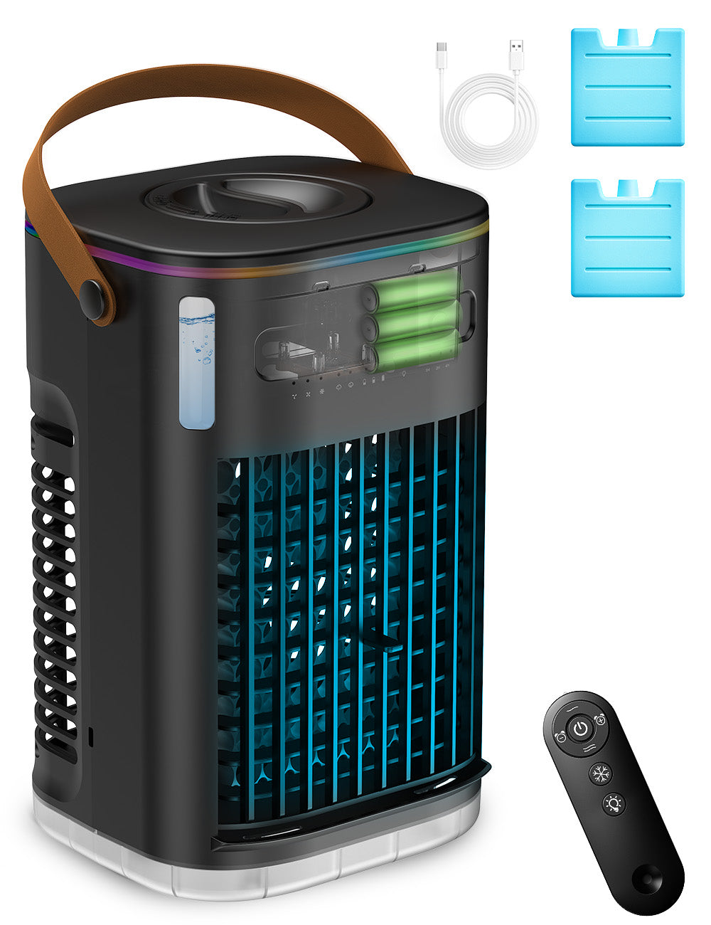 FLOWBREEZE mini air cooler with 2 ice packs & water tank, with 5400mah battery