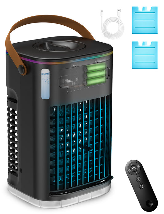 FLOWBREEZE mini air cooler with 2 ice packs & water tank, with 5400mah battery