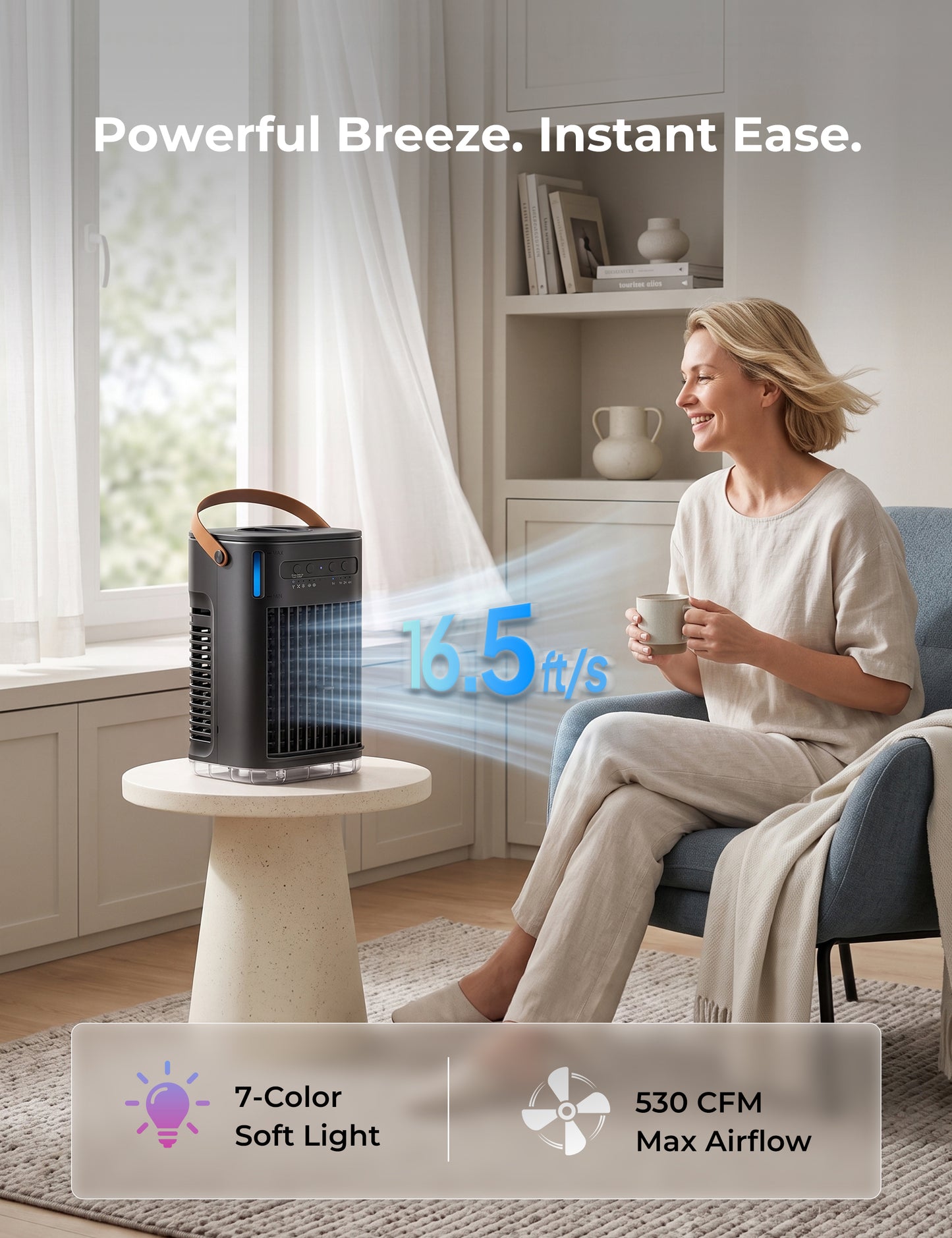 FLOWBREEZE 3-IN-1 Portable Air Conditioner for Car, 5400mAh Battery | Personal Evaporative Cooler with Remote, 2 Ice Packs & 1.2L Water Tank, 7H Timer Mini Air Conditioner for Car Desktop, cream