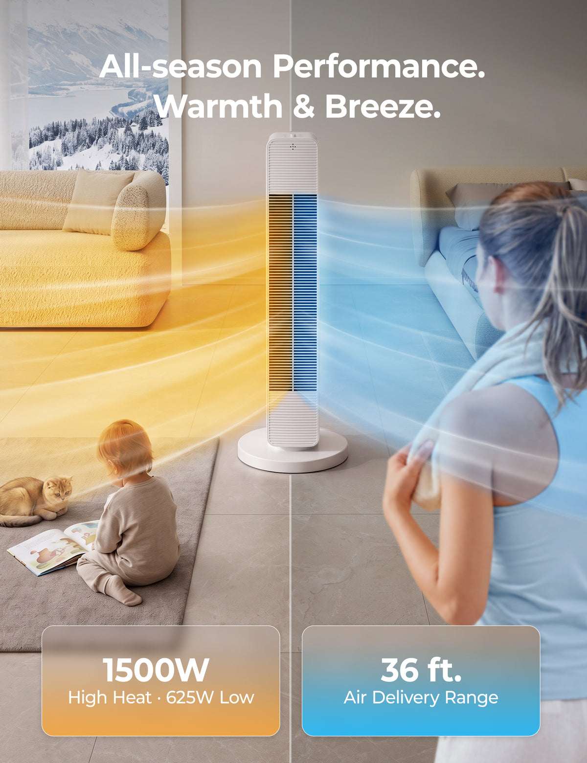 FLOWBREEZE 27” Space Heaters for Indoor Use, 1500W, Heater and Fan Combo Electric Heaters For Large Room, Portable Tower Heater With 75° Oscillation, Remote, 15H Timer, 6 Safety Protections, White