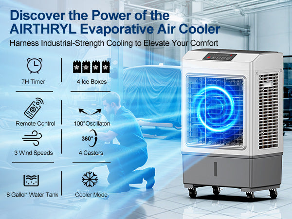 Large Swamp Cooler Air Conditioner, 2200CFM Evaporative Air Cooler, 7H Timer & 8 Gal Water Tank, 100°Oscillation, 3 Speeds & Remote, Portable Air Conditioner for Garage, Small