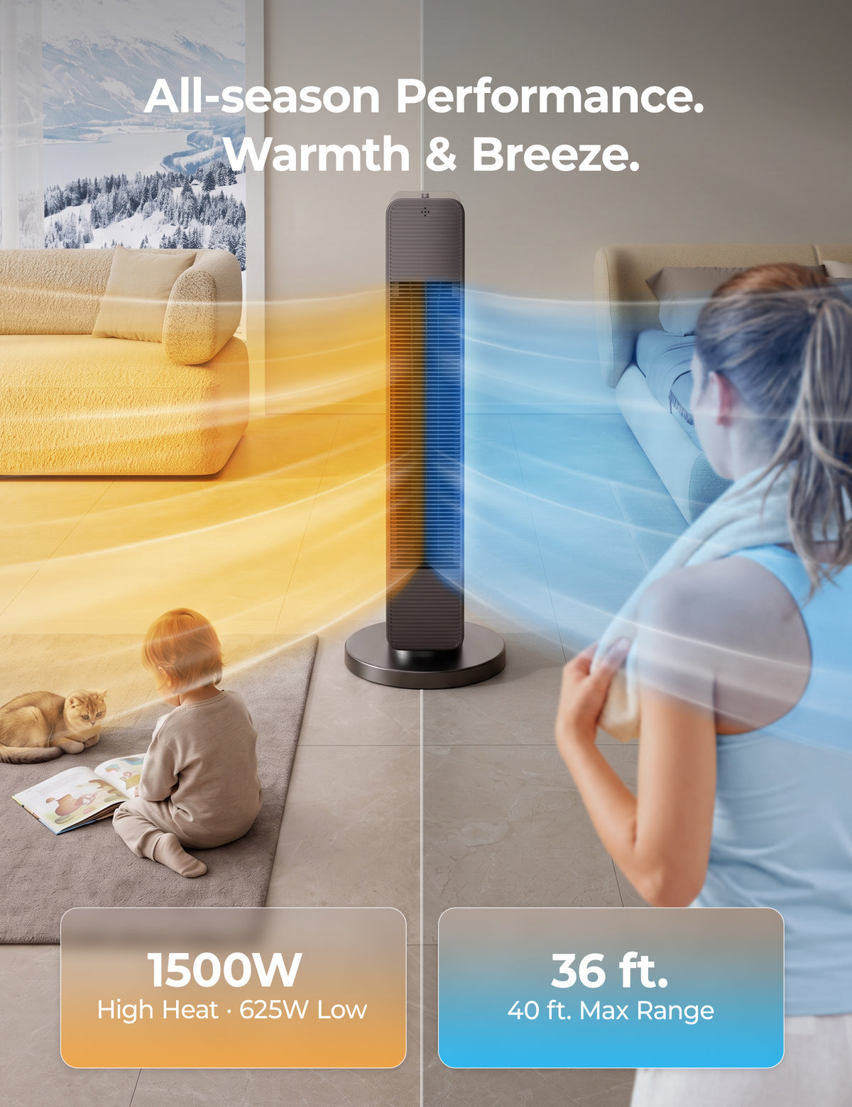 FLOWBREEZE 27” Space Heaters for Indoor Use, 1500W, Heater and Fan Combo Electric Heaters For Large Room, Portable Tower Heater With 75° Oscillation, Remote, 15H Timer, 6 Safety Protections, Black