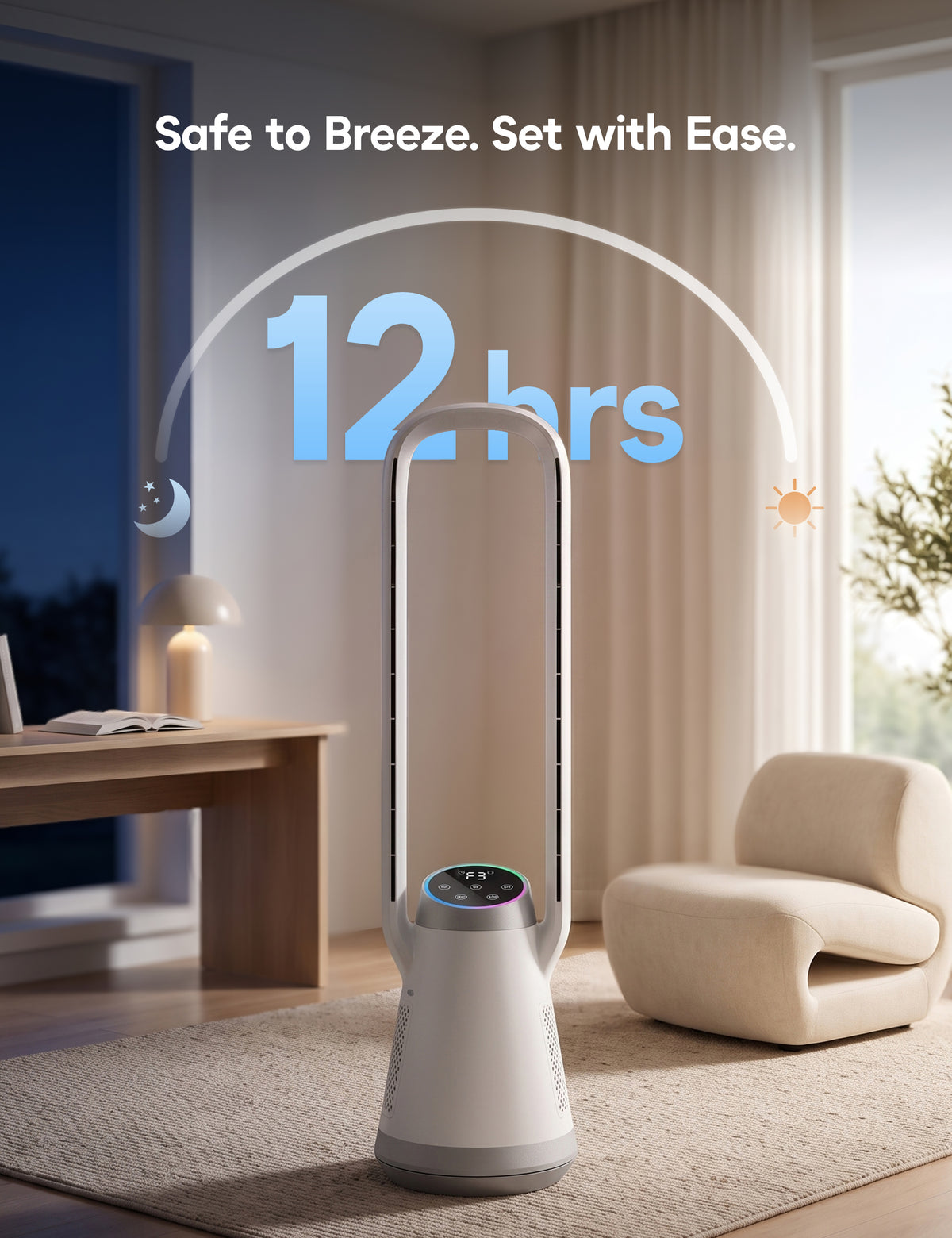 Portable Bladeless Tower Fan, 35.6" Oscillating Fan for Bedroom, 25Ft/s Fan that Blow Cold Air, 12H Timer, 3 Speeds, Remote Control, 180° Max Oscillating, Quiet Fan for Room No Window, White