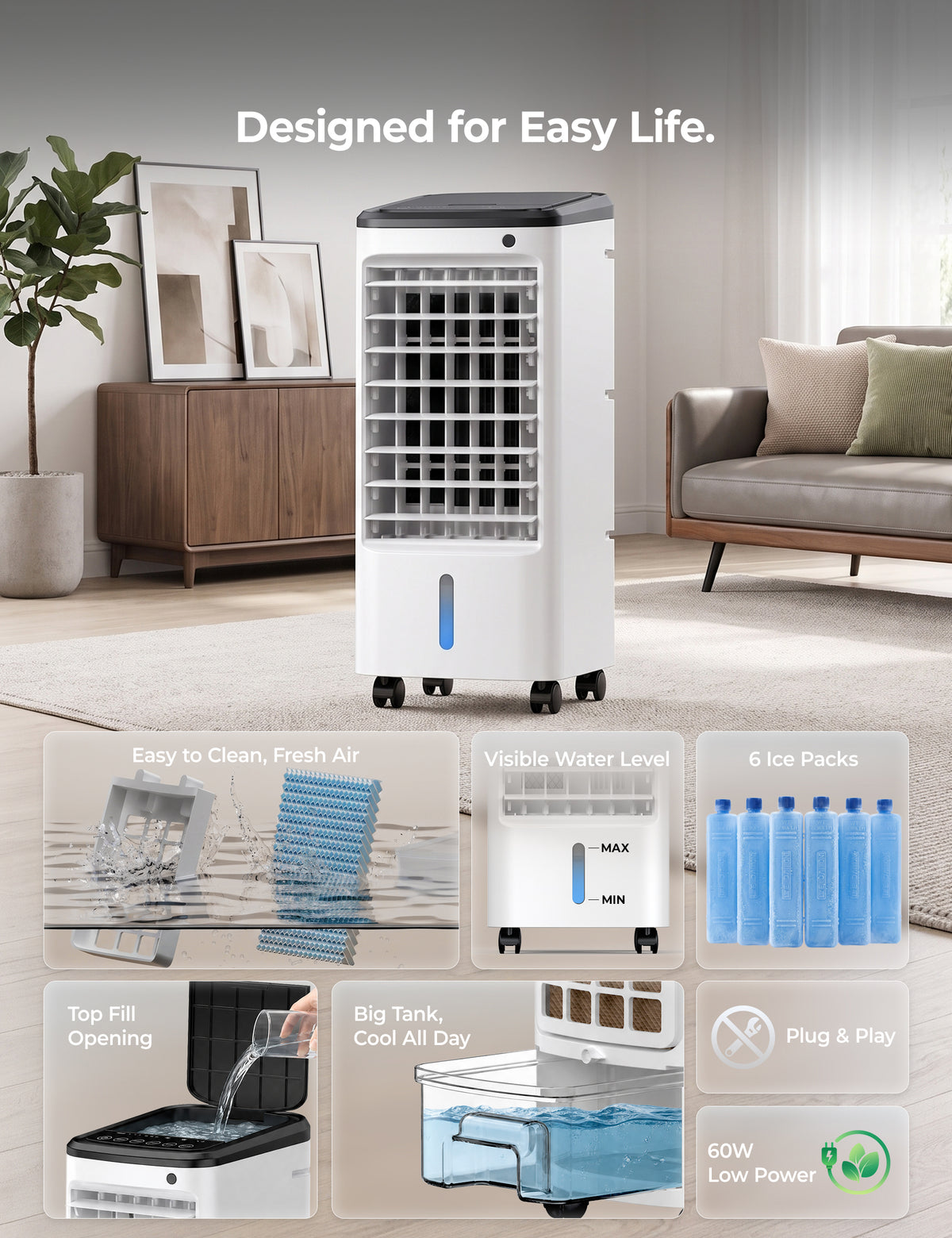Windowless Portable Air Conditioners for Small Room, 6 Ice Packs Evaporative Cooler with 12H Timer, 1.2 Gal Tank, Oscillating Cooler, Quiet Small ac Unit for Room Office Use