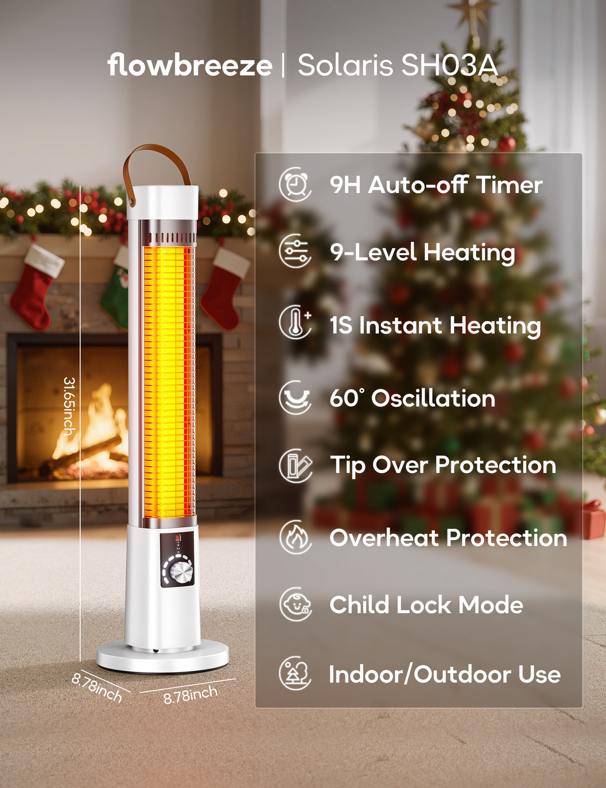 FLOWBREEZE 32” Outdoor Patio Heater, 1500W Electric Infrared Heater, White 9 Heat Levels, 9H Timer, 7 Safety Protection, Quiet Heater with Remote, Ipx5, for Porch, Large Room, Garage, Indoor Use