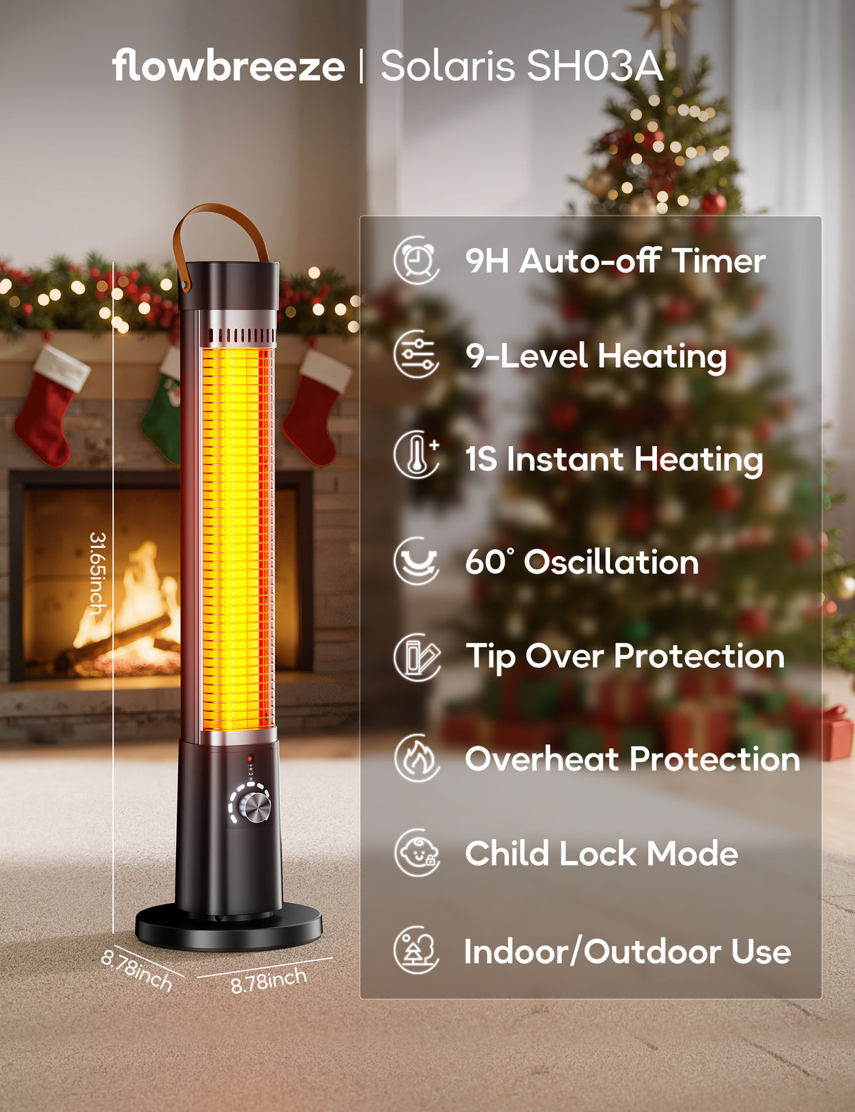 FLOWBREEZE 32” Patio Heater for Outdoor Use, 1500W, 9H Timer, 9 Heat Levels Electric Infrared Heater, 7 Safety Protection, Quiet Heater with Remote, Ipx5, for Porch Large Room Garage, Indoor Use