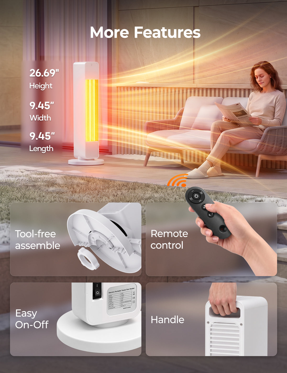 FLOWBREEZE 27” Space Heaters for Indoor Use, 1500W, Heater and Fan Combo Electric Heaters For Large Room, Portable Tower Heater With 75° Oscillation, Remote, 15H Timer, 6 Safety Protections, White