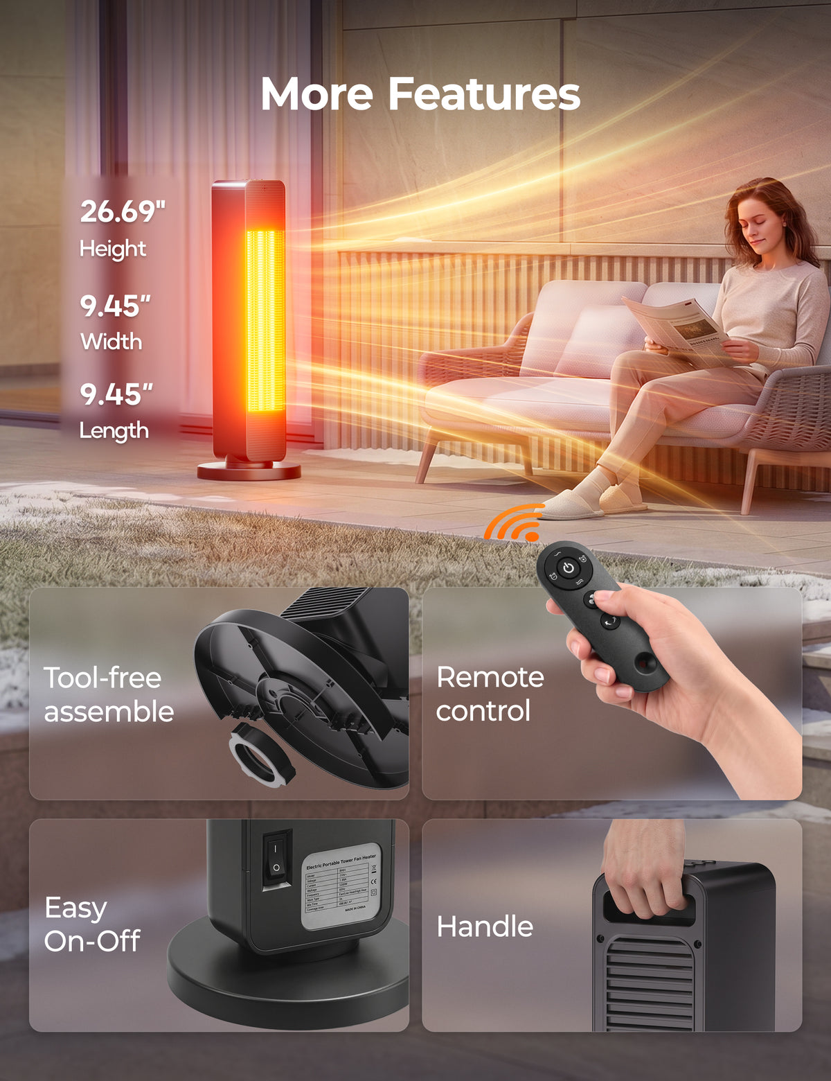 FLOWBREEZE 27” Space Heaters for Indoor Use, 1500W, Heater and Fan Combo Electric Heaters For Large Room, Portable Tower Heater With 75° Oscillation, Remote, 15H Timer, 6 Safety Protections, Black