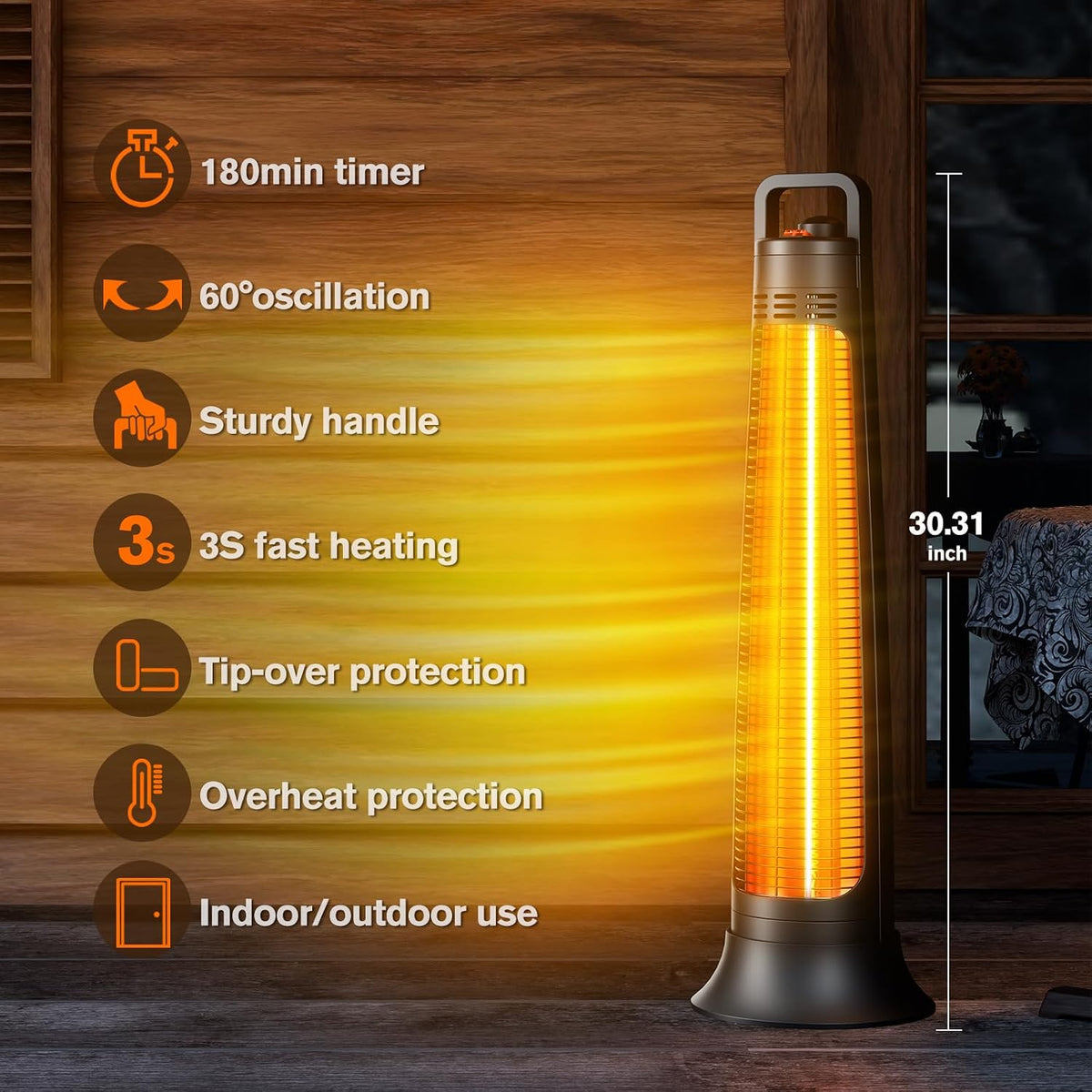 Outdoor Heaters for Patio, 1500W, Infrared Patio Heater with 3H Timer, 60° Oscillation, Tip-Over & Overheat Protection, Portable Handle, IP65 Waterproof Electric Heater for Outdoor & Indoor Use, Black