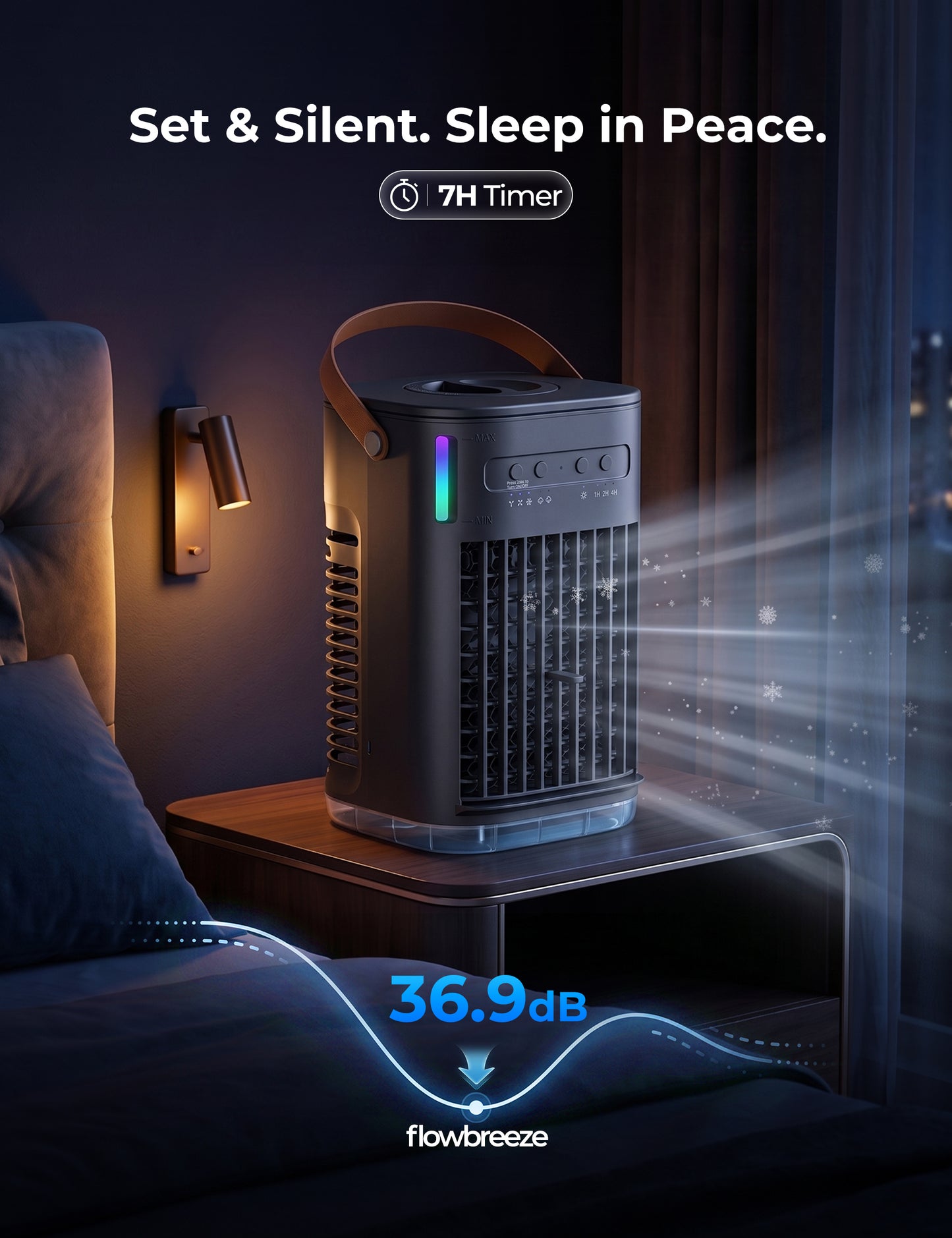 FLOWBREEZE USB Powered Portable ac for Car, Dual Mist, Inky no battery | Mini Air Conditioner for Camping,Personal Air Cooling Fan with remote,1.2L Water Tank 2Ice packs, 7H Timer, for Tent Desktop