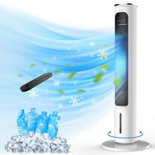 Windowless Portable Air Conditioners, 37.2’’ Evaporative Air Cooler w/Remote, Cooling Tower Fan, 2.5L Water Tank & Ice Packs, 12H Auto-off, 70° Oscillating, Ultra-Quiet Standing Fan For HomeOffice