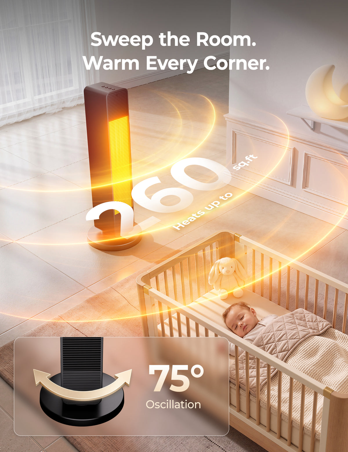 FLOWBREEZE 27” Space Heaters for Indoor Use, 1500W, Heater and Fan Combo Electric Heaters For Large Room, Portable Tower Heater With 75° Oscillation, Remote, 15H Timer, 6 Safety Protections, Black