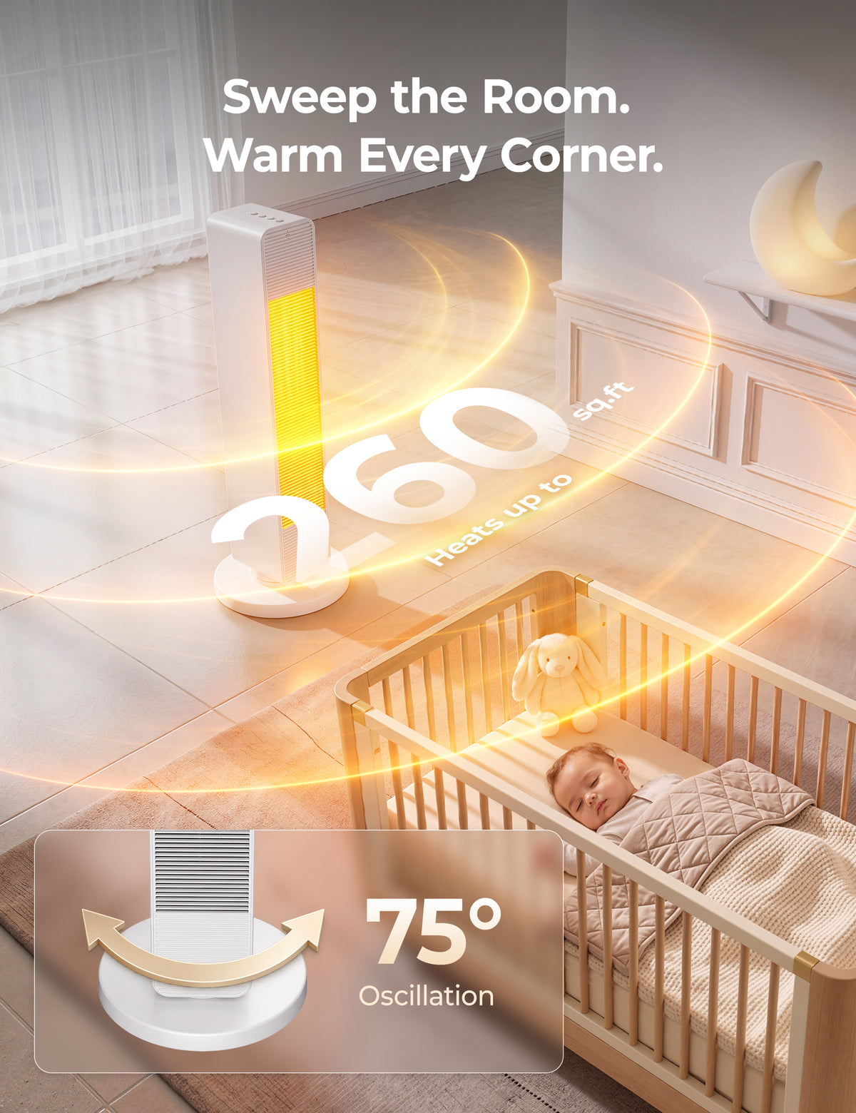 FLOWBREEZE 27” Space Heaters for Indoor Use, 1500W, Heater and Fan Combo Electric Heaters For Large Room, Portable Tower Heater With 75° Oscillation, Remote, 15H Timer, 6 Safety Protections, White