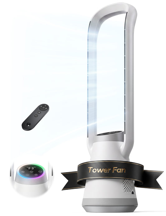 Portable Bladeless Tower Fan, 35.6" Oscillating Fan for Bedroom, 25Ft/s Fan that Blow Cold Air, 12H Timer, 3 Speeds, Remote Control, 180° Max Oscillating, Quiet Fan for Room No Window, White